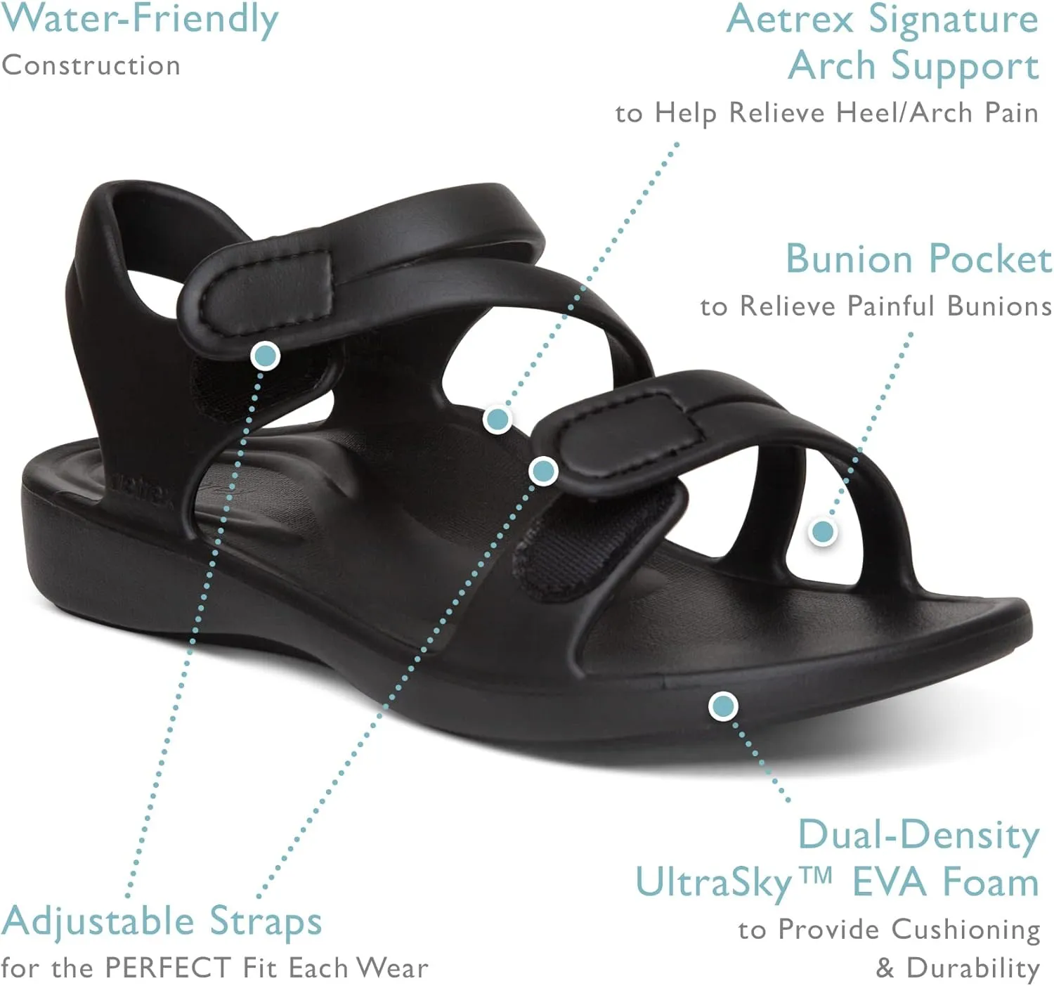 Aetrex Jillian Water-Friendly Sport Sandals for Women - Adjustable Strap Comfort Womens Sport Sandals for Beach Summer
