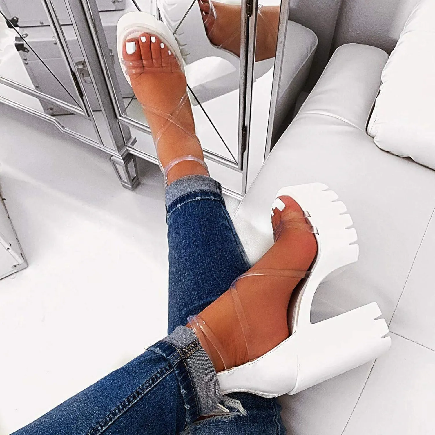 Aniywn Women's Chunky Heel Platform High Heels Shoes Sandals Clear Strappy Open Peep Toe Sandal