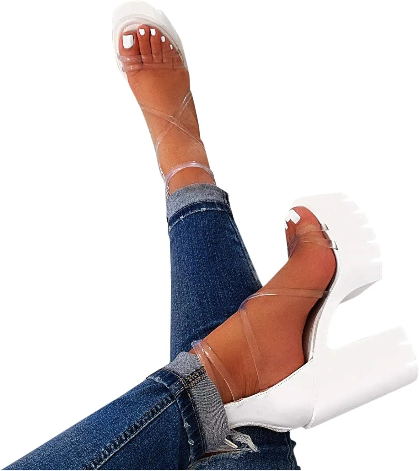 Aniywn Women's Chunky Heel Platform High Heels Shoes Sandals Clear Strappy Open Peep Toe Sandal