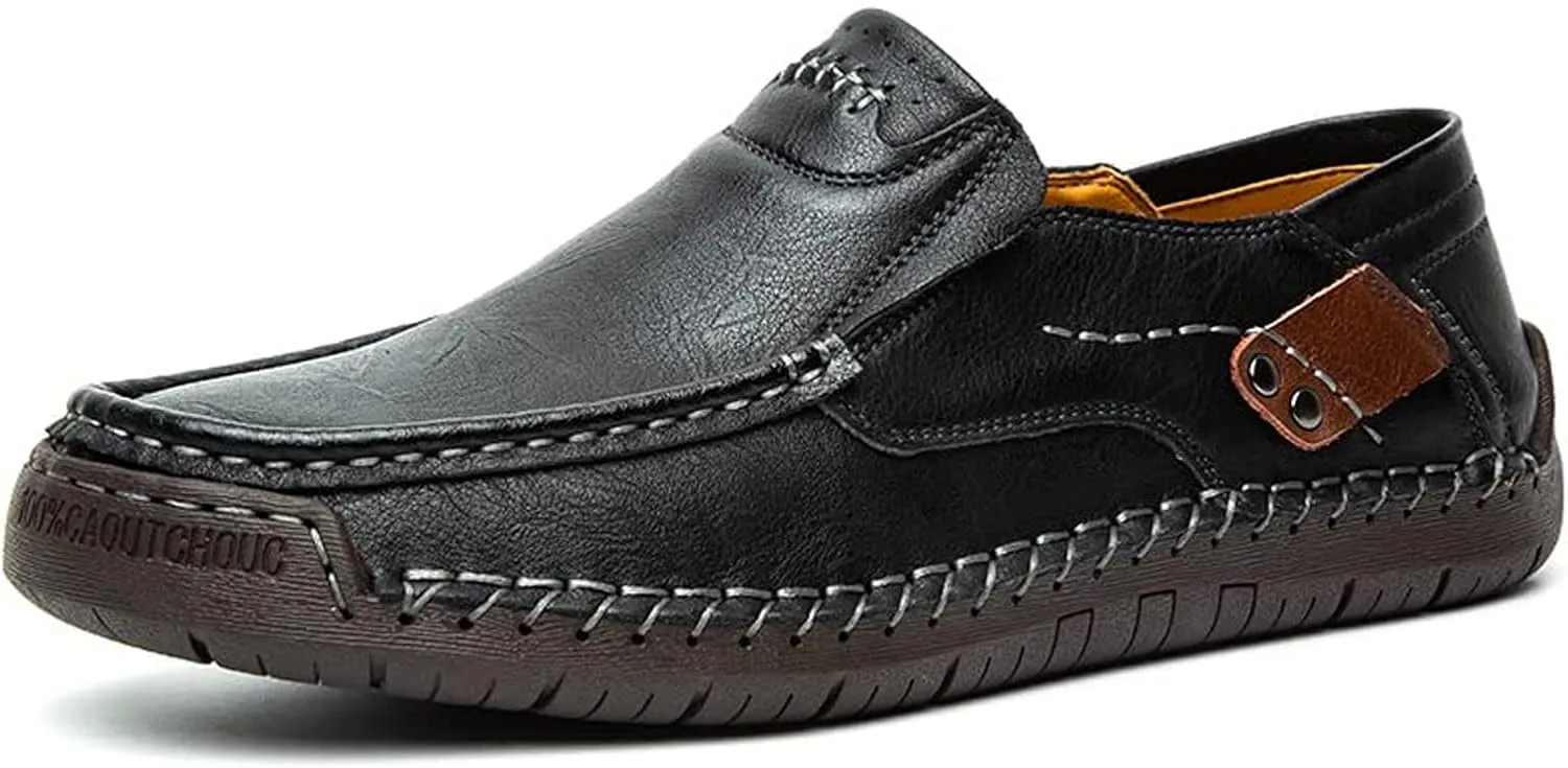 AUNTHUI Men's Slip-On Loafers &Slip-Ons,Hand-Stitched Soft Non-Slip Comfortable Casual Leather Shoes,Outdoor Wide Driving Shoes