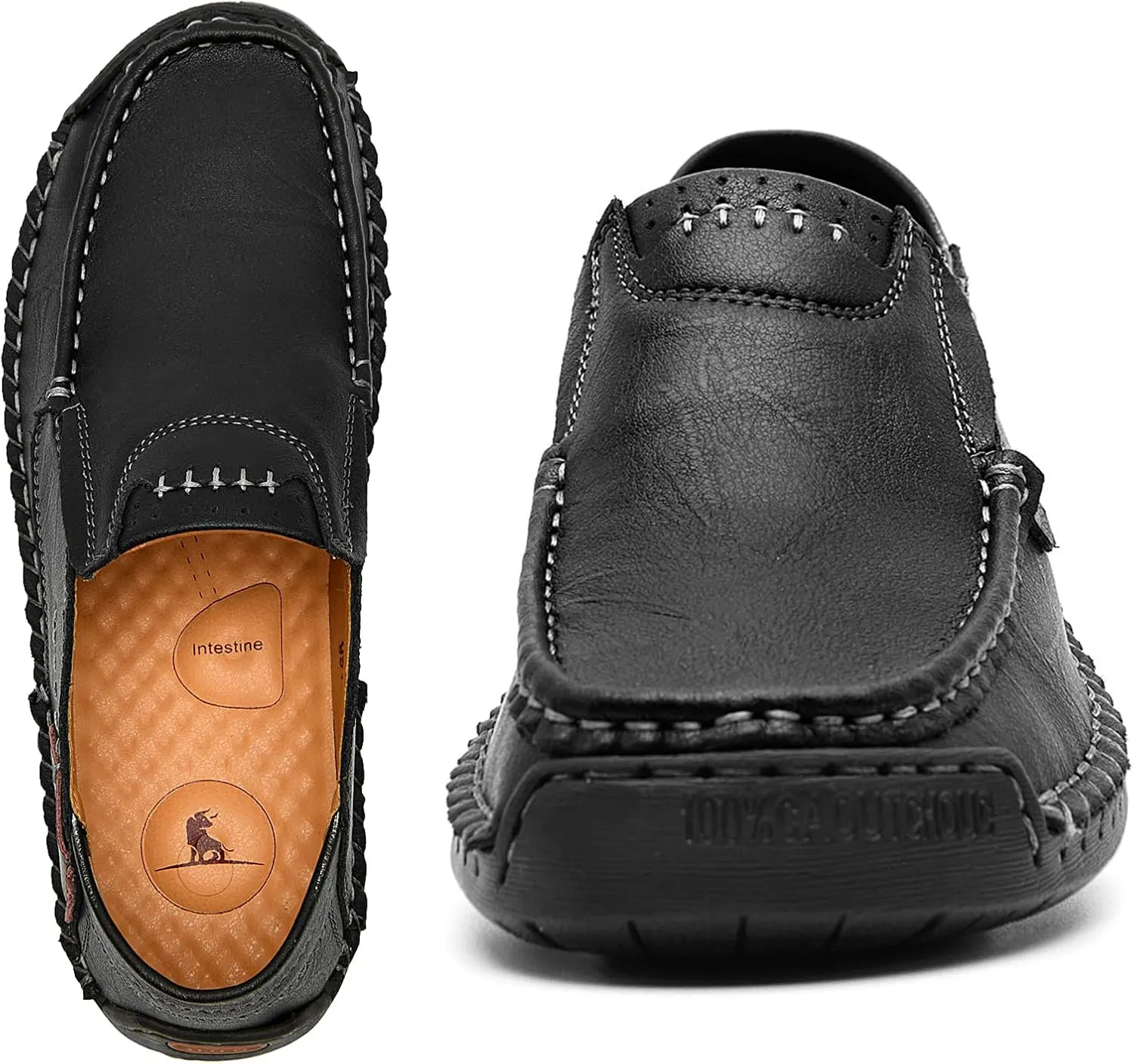AUNTHUI Men's Slip-On Loafers &Slip-Ons,Hand-Stitched Soft Non-Slip Comfortable Casual Leather Shoes,Outdoor Wide Driving Shoes