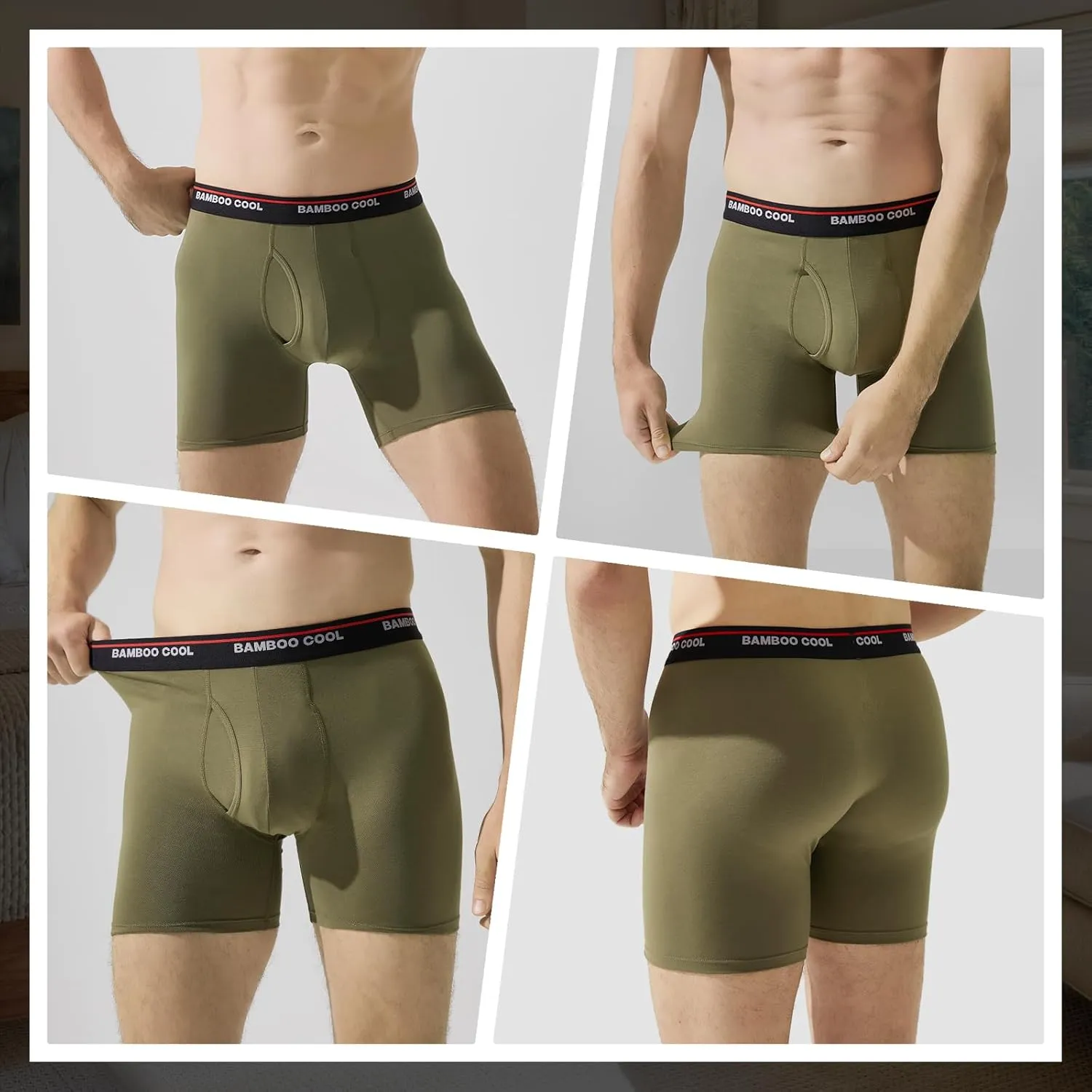 BAMBOO COOL Men's Underwear Boxer Briefs Fly with Built-in 3D Pouch Comfortable Cool Underwear for Men 4 Pack