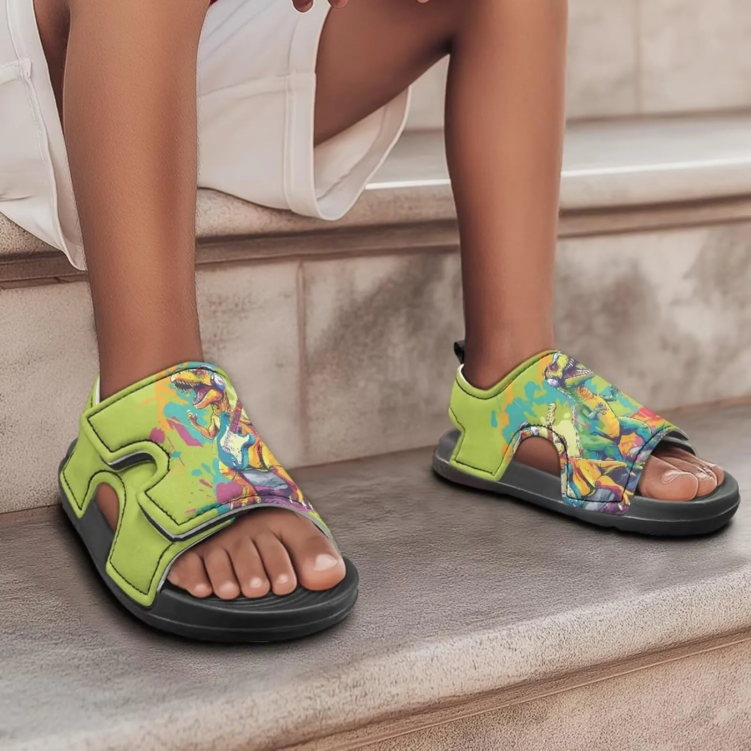 Boys Dinosaur Sandals Kids Open Toe Summer Outdoor Athletic Sandals Adjustable Beach Water Shoes for Toddler Boys
