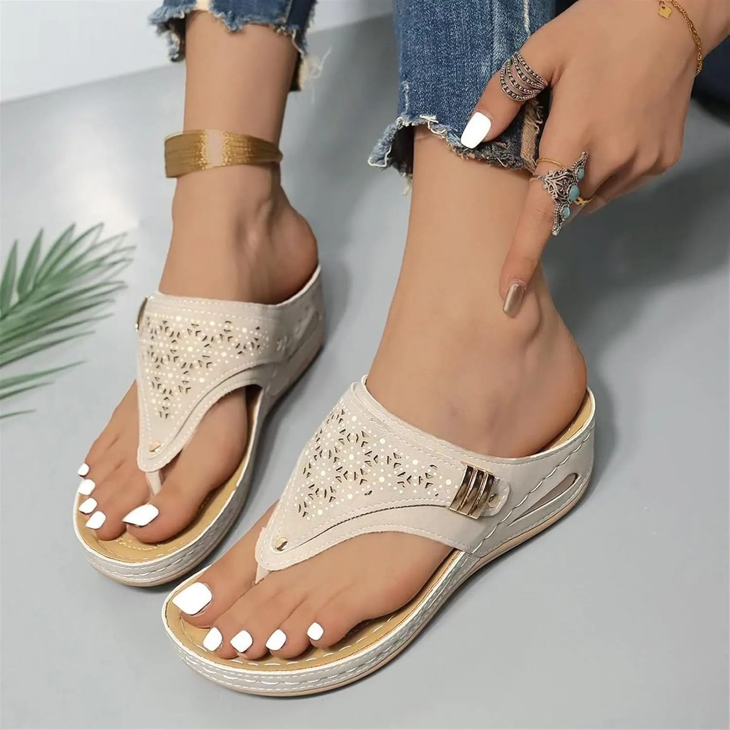 Breathable Mesh Hollow Sports Sandals Orthopedic Flip-Flops Summer Casual Platform Wedges Slip on Slippers