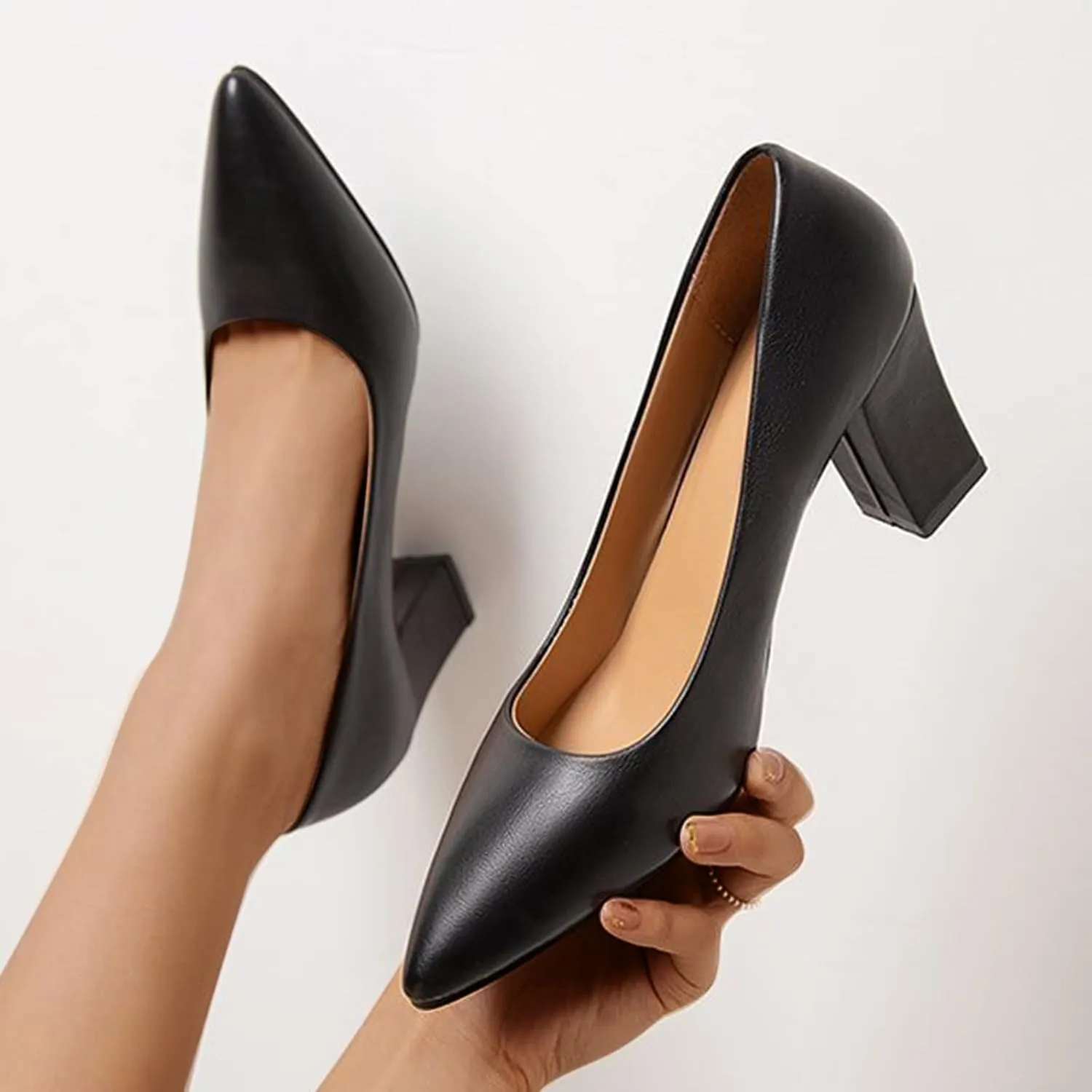 Chunky Pumps for Women Closed Toe Block Heels Comfortable Dress Shoes Pointed Toe Slip-Ons Loafers Work Shoes