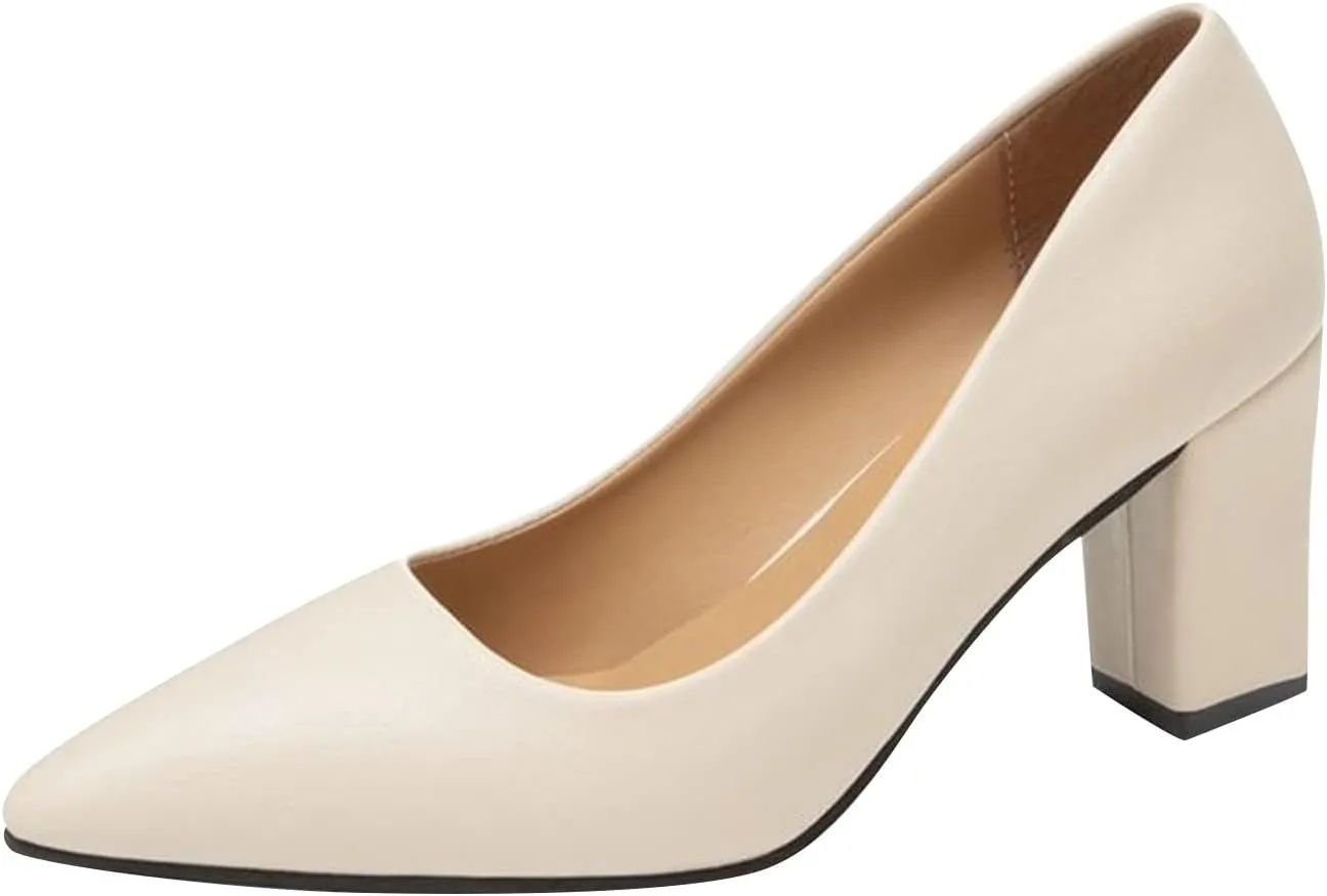 Chunky Pumps for Women Closed Toe Block Heels Comfortable Dress Shoes Pointed Toe Slip-Ons Loafers Work Shoes