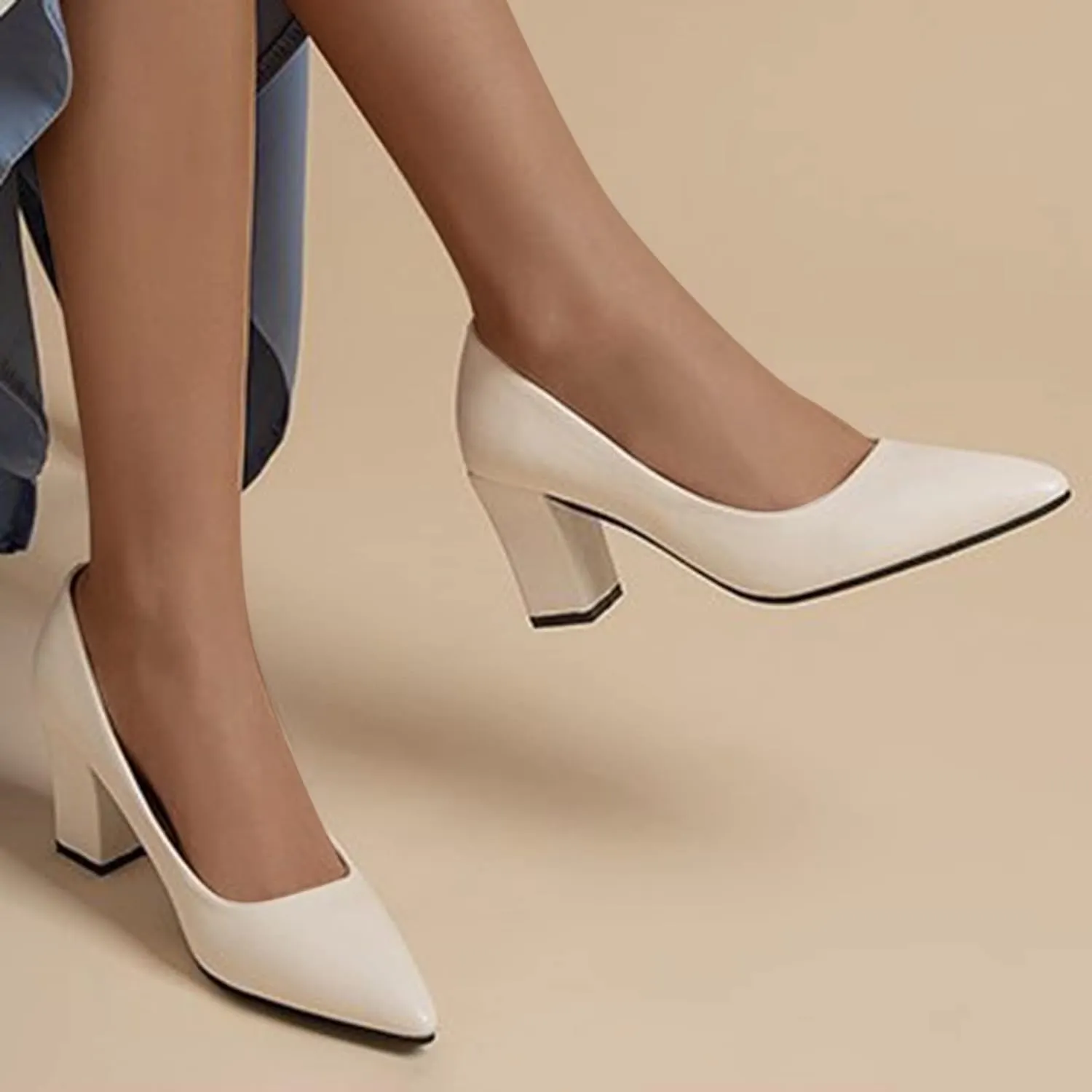 Chunky Pumps for Women Closed Toe Block Heels Comfortable Dress Shoes Pointed Toe Slip-Ons Loafers Work Shoes