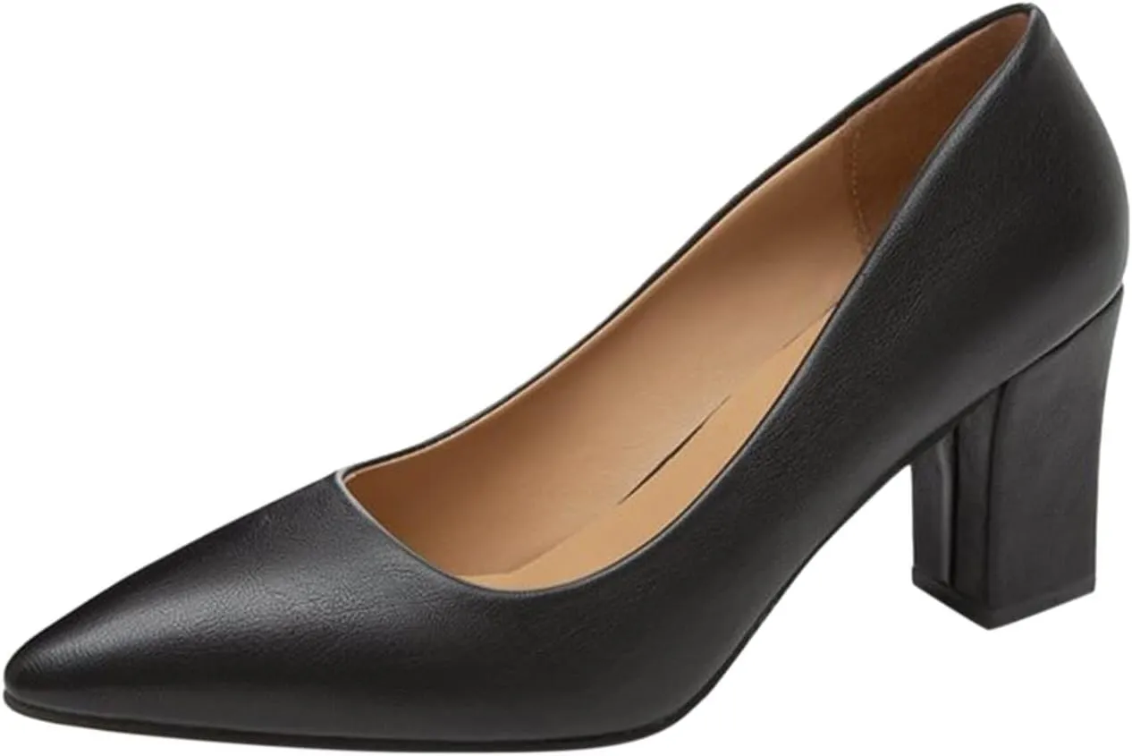 Chunky Pumps for Women Closed Toe Block Heels Comfortable Dress Shoes Pointed Toe Slip-Ons Loafers Work Shoes