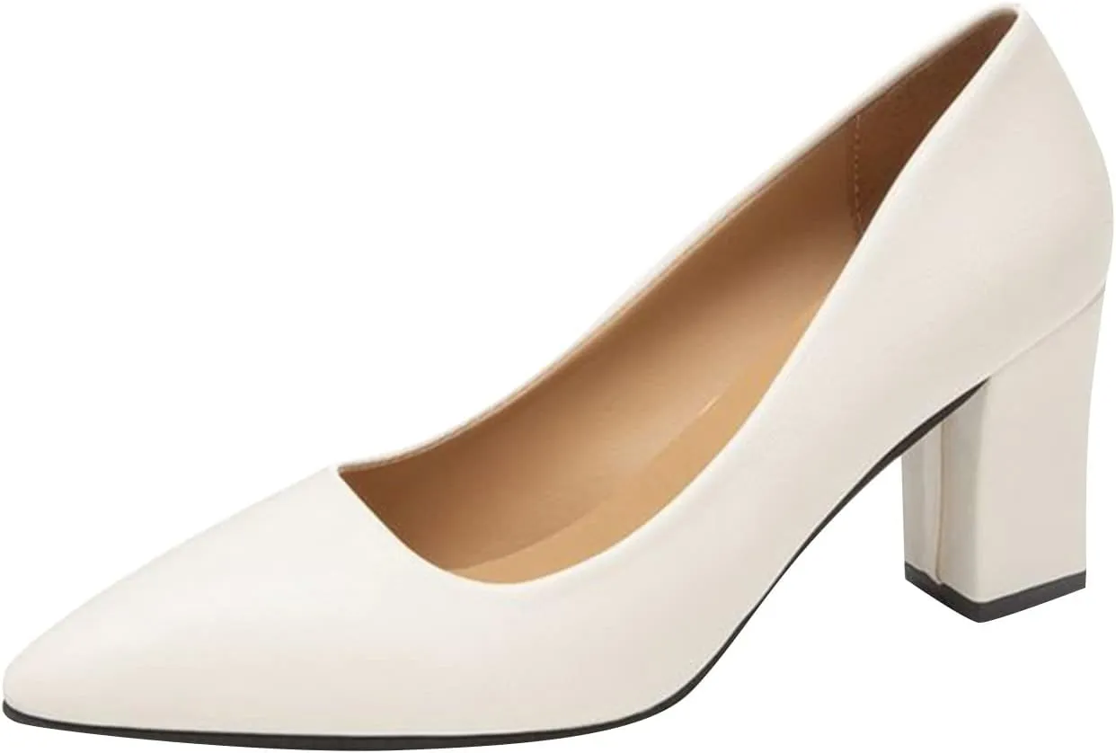 Chunky Pumps for Women Closed Toe Block Heels Comfortable Dress Shoes Pointed Toe Slip-Ons Loafers Work Shoes