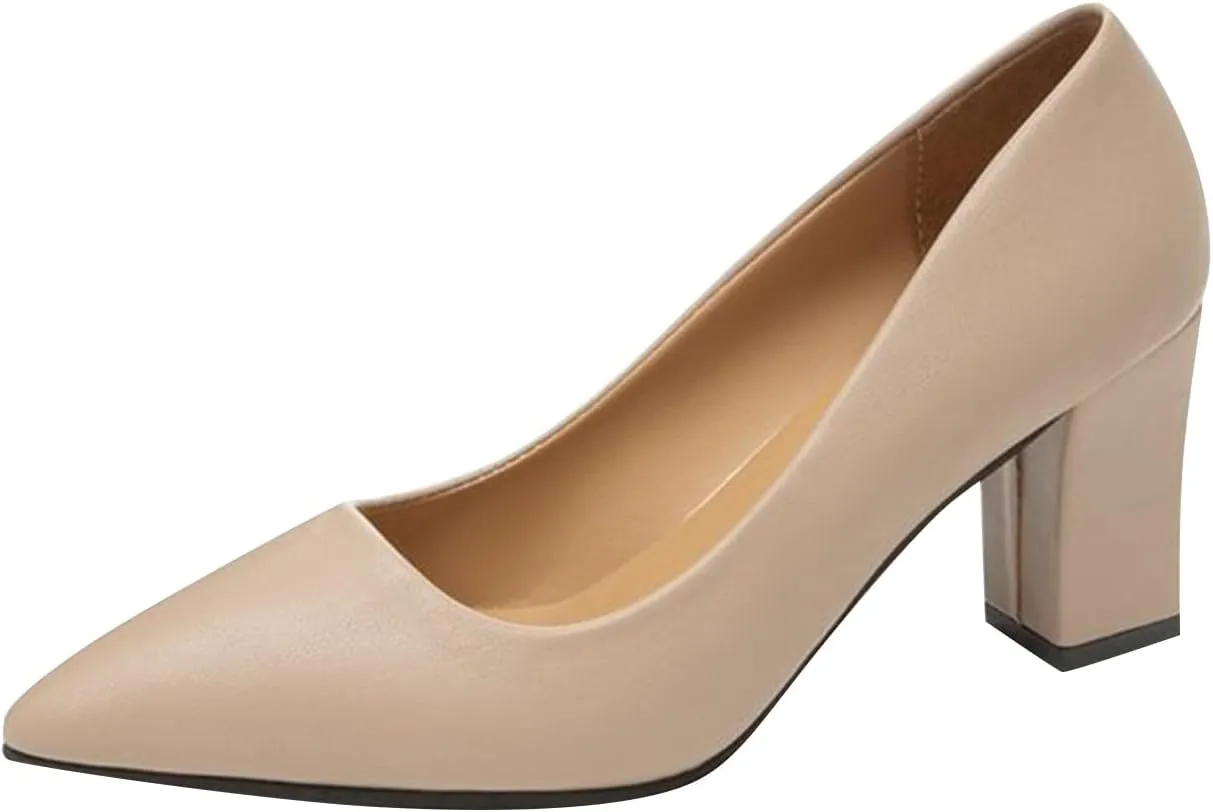 Chunky Pumps for Women Closed Toe Block Heels Comfortable Dress Shoes Pointed Toe Slip-Ons Loafers Work Shoes