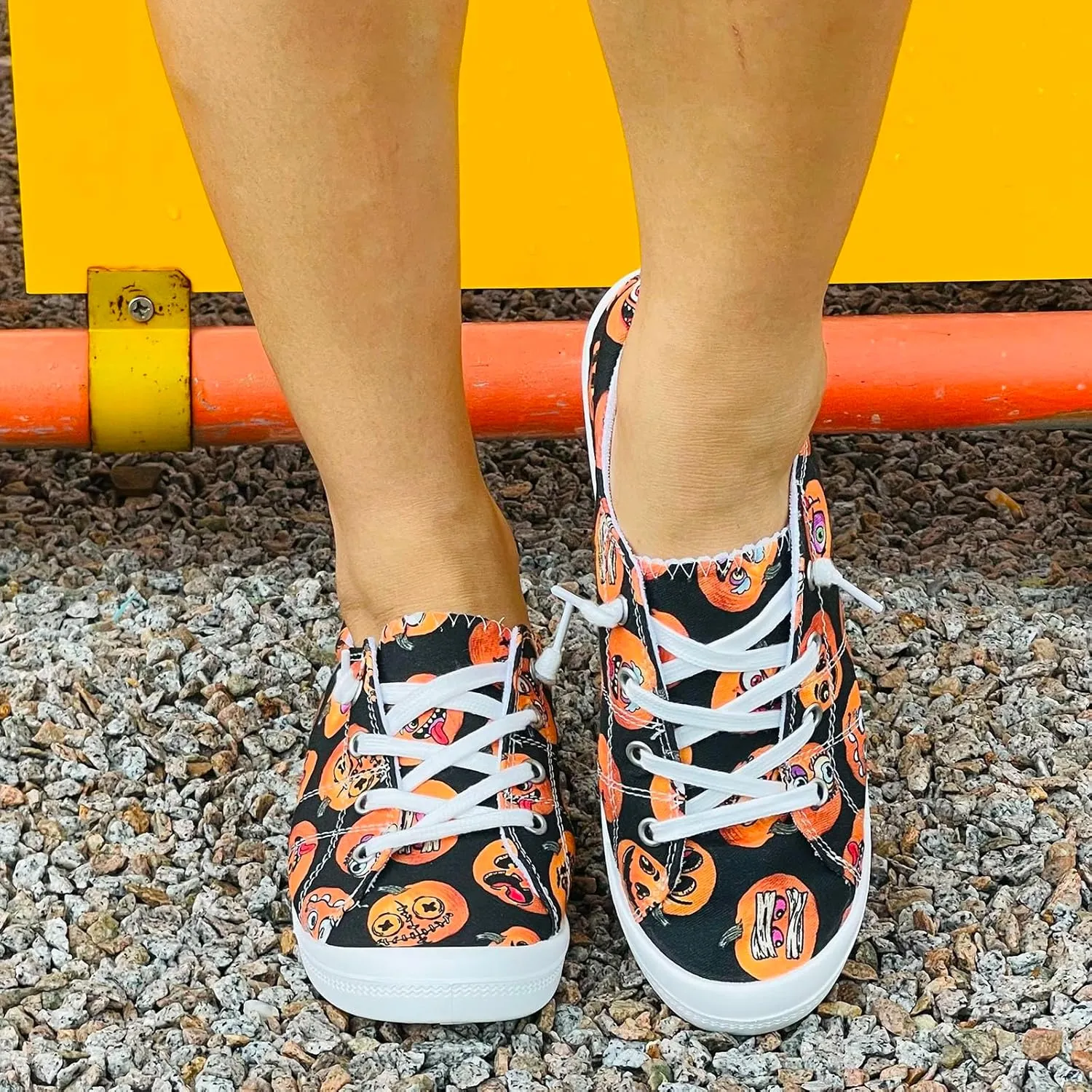 Crzidha Halloween Shoes for Women,Womens Funny Canvas Pumpkin Sneakers Low Top Lace Up Halloween Print Sneakers Lightweight Stylish Pumpkin Flats Casual Party Slip On Loafers Cute Fall Print Shoes