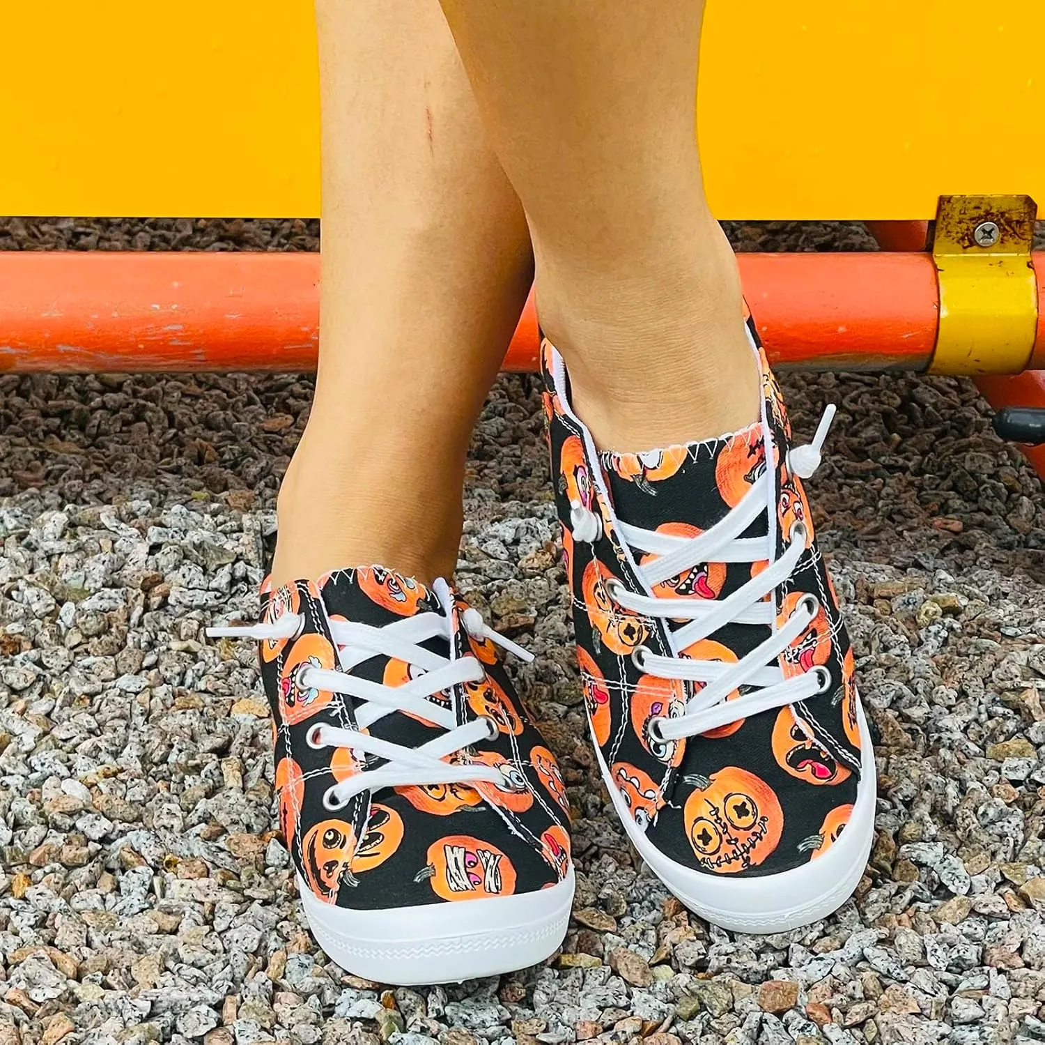 Crzidha Halloween Shoes for Women,Womens Funny Canvas Pumpkin Sneakers Low Top Lace Up Halloween Print Sneakers Lightweight Stylish Pumpkin Flats Casual Party Slip On Loafers Cute Fall Print Shoes