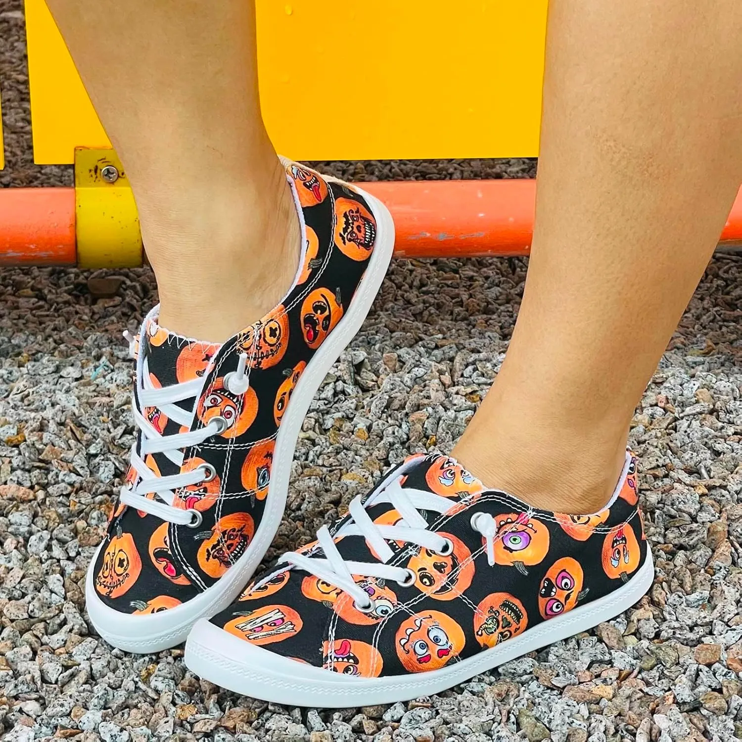 Crzidha Halloween Shoes for Women,Womens Funny Canvas Pumpkin Sneakers Low Top Lace Up Halloween Print Sneakers Lightweight Stylish Pumpkin Flats Casual Party Slip On Loafers Cute Fall Print Shoes