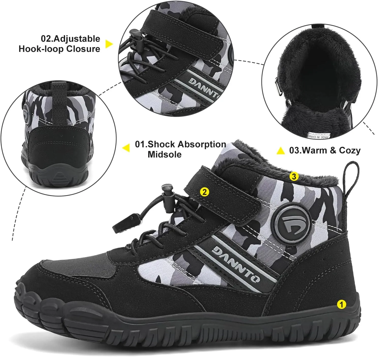 Dannto Kids Winter Snow Boots Boys Girls Wide Toe Box Warm Barefoot Hiking Shoes Fur Lined Outdoor Ankle Walking Boots