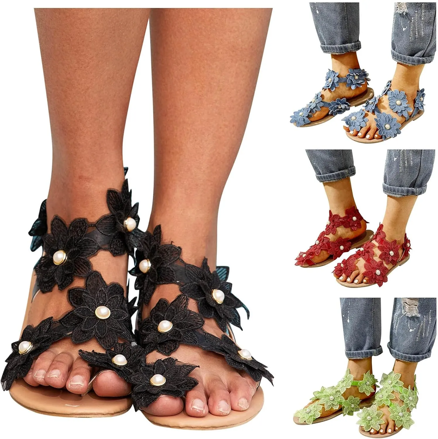 Eduavar Sandalias para Mujer, Women's Sandals Summer Beach Sandals Women Cute Floral Lace Flat Open Toe Sandals