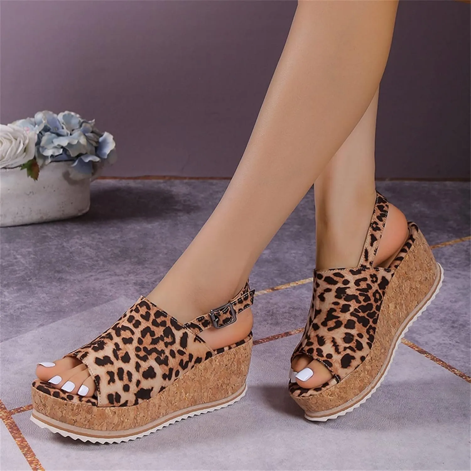 Eduavar Sandals for Women Dressy Summer, Sandals for Women Dressy Leopard Platform Sandals Peep Toe Anti-Slip Sandals