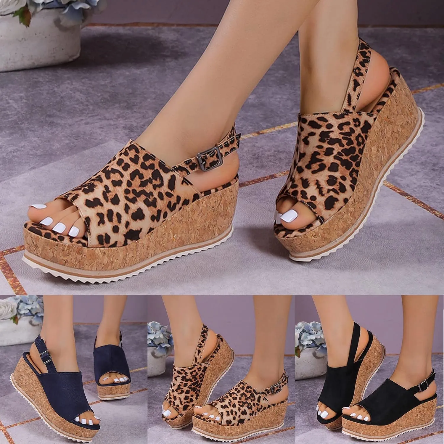 Eduavar Sandals for Women Dressy Summer, Sandals for Women Dressy Leopard Platform Sandals Peep Toe Anti-Slip Sandals