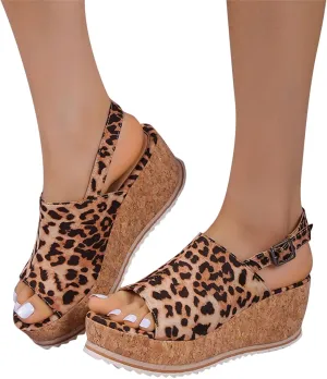 Eduavar Sandals for Women Dressy Summer, Sandals for Women Dressy Leopard Platform Sandals Peep Toe Anti-Slip Sandals