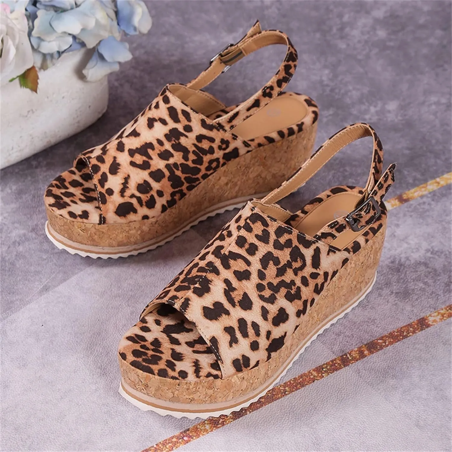 Eduavar Sandals for Women Dressy Summer, Sandals for Women Dressy Leopard Platform Sandals Peep Toe Anti-Slip Sandals