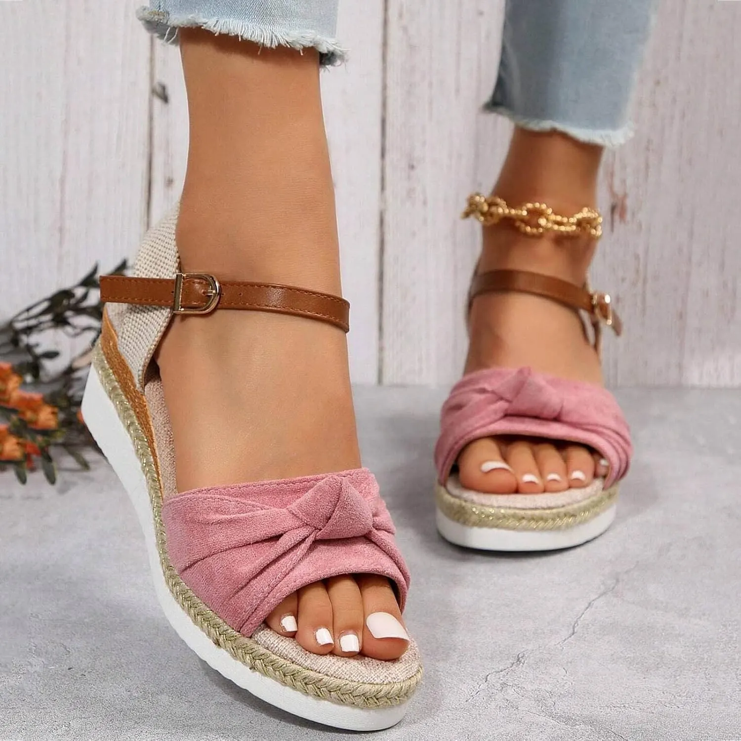 Eduavar Womens Sandals Comfortable, Sandals Women Comfortable Sandals with Ankle Strap Cute Bow Tie Peep Toe Sandals Shoes