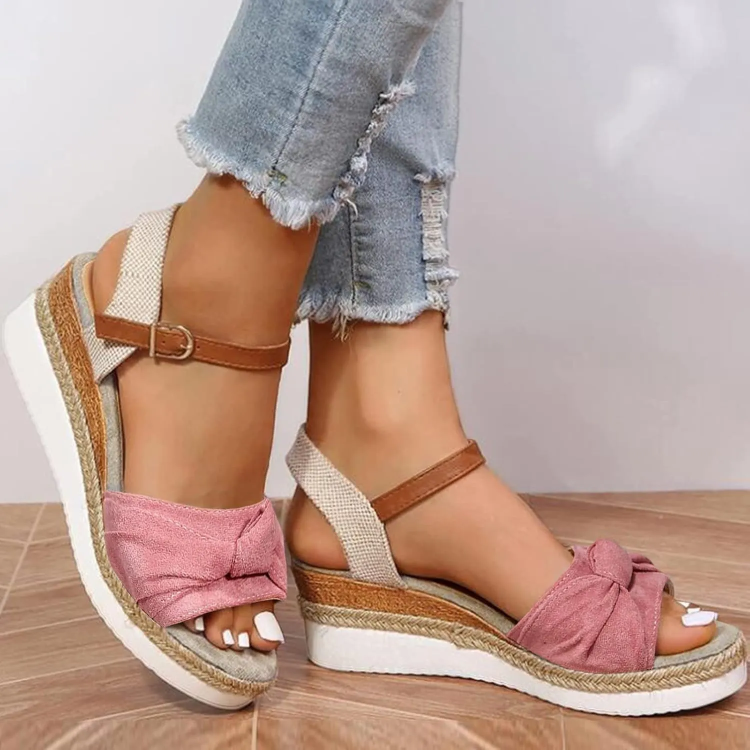 Eduavar Womens Sandals Comfortable, Sandals Women Comfortable Sandals with Ankle Strap Cute Bow Tie Peep Toe Sandals Shoes
