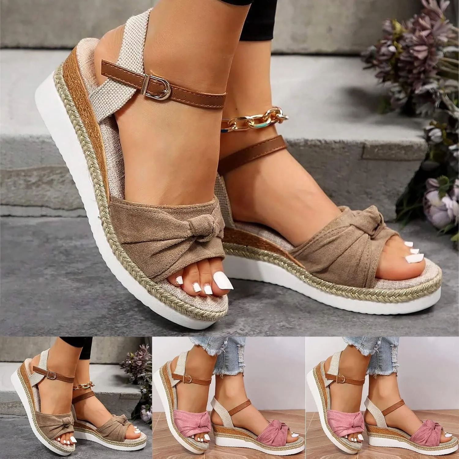 Eduavar Womens Sandals Comfortable, Sandals Women Comfortable Sandals with Ankle Strap Cute Bow Tie Peep Toe Sandals Shoes