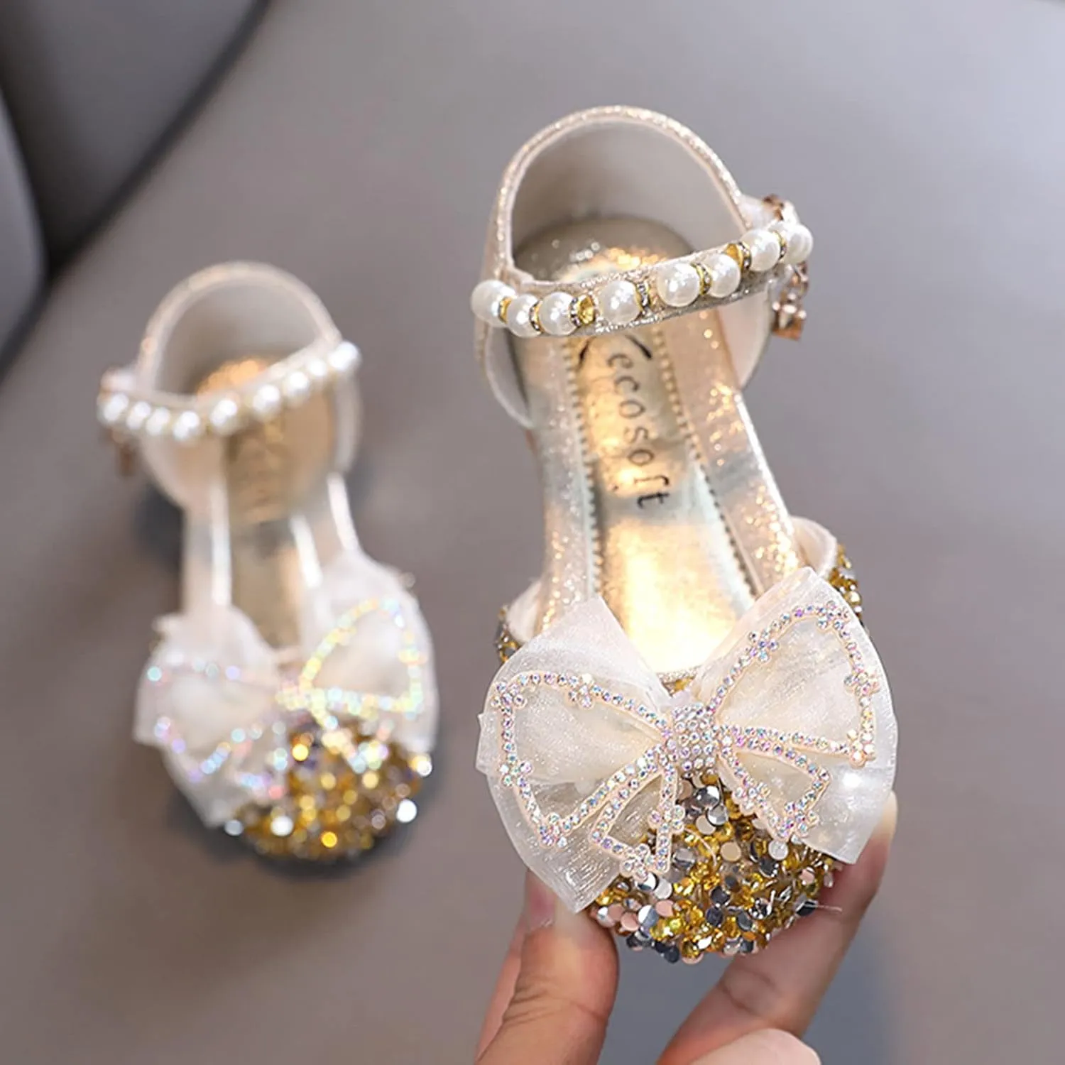EnJoCho Baby Soft Shoes Fashion Summer Girls Dress Performance Dance Shoes Flat Light Sequins Pearl Mesh Bow Buckle