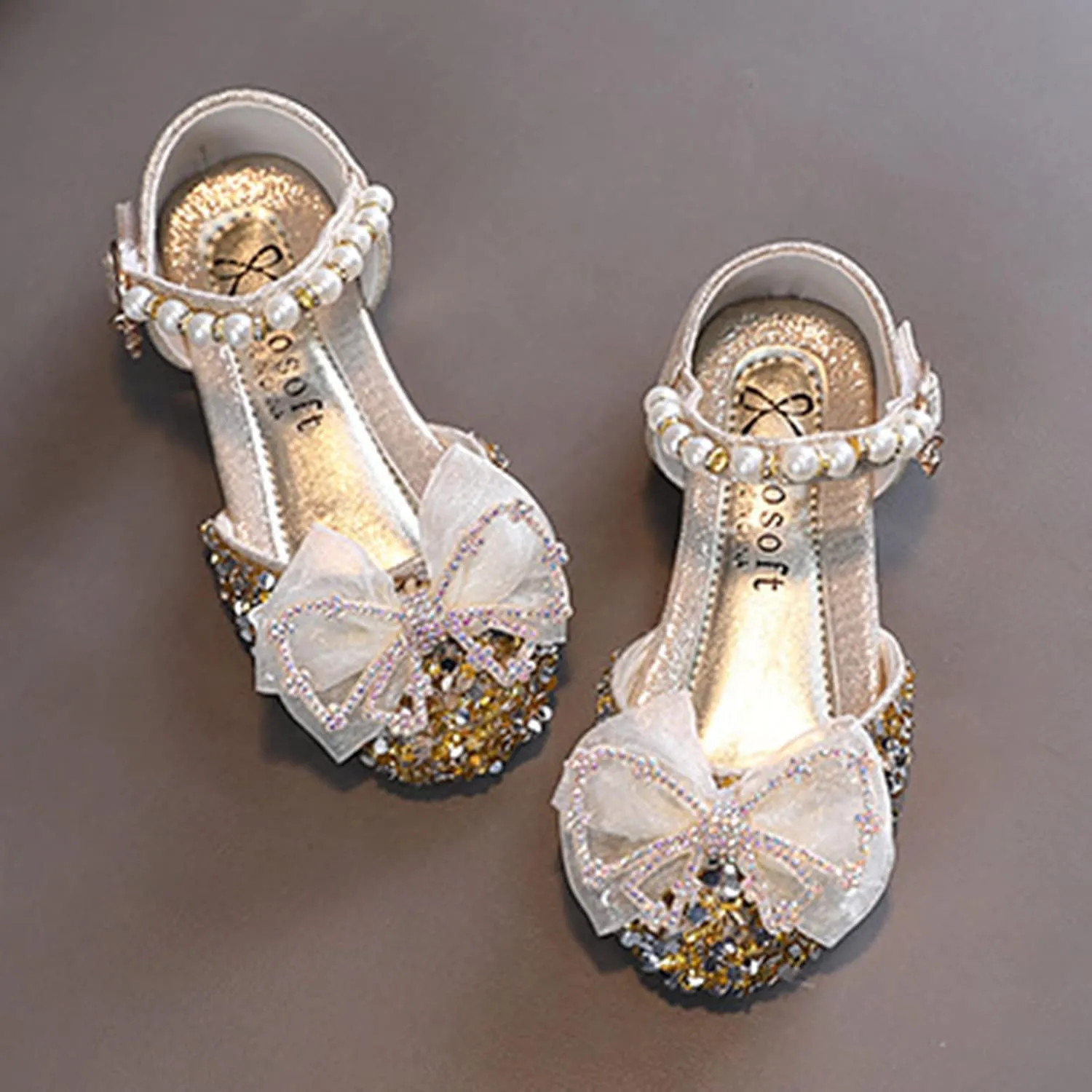 EnJoCho Baby Soft Shoes Fashion Summer Girls Dress Performance Dance Shoes Flat Light Sequins Pearl Mesh Bow Buckle
