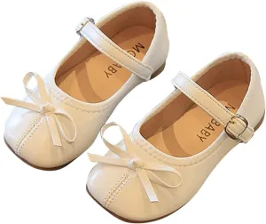 EnJoCho Girls Tennis Shoes Summer and Autumn Girls Boots Cute Flat Solid Color Bow Buckle Casual and Comfortable (Beige, 27)