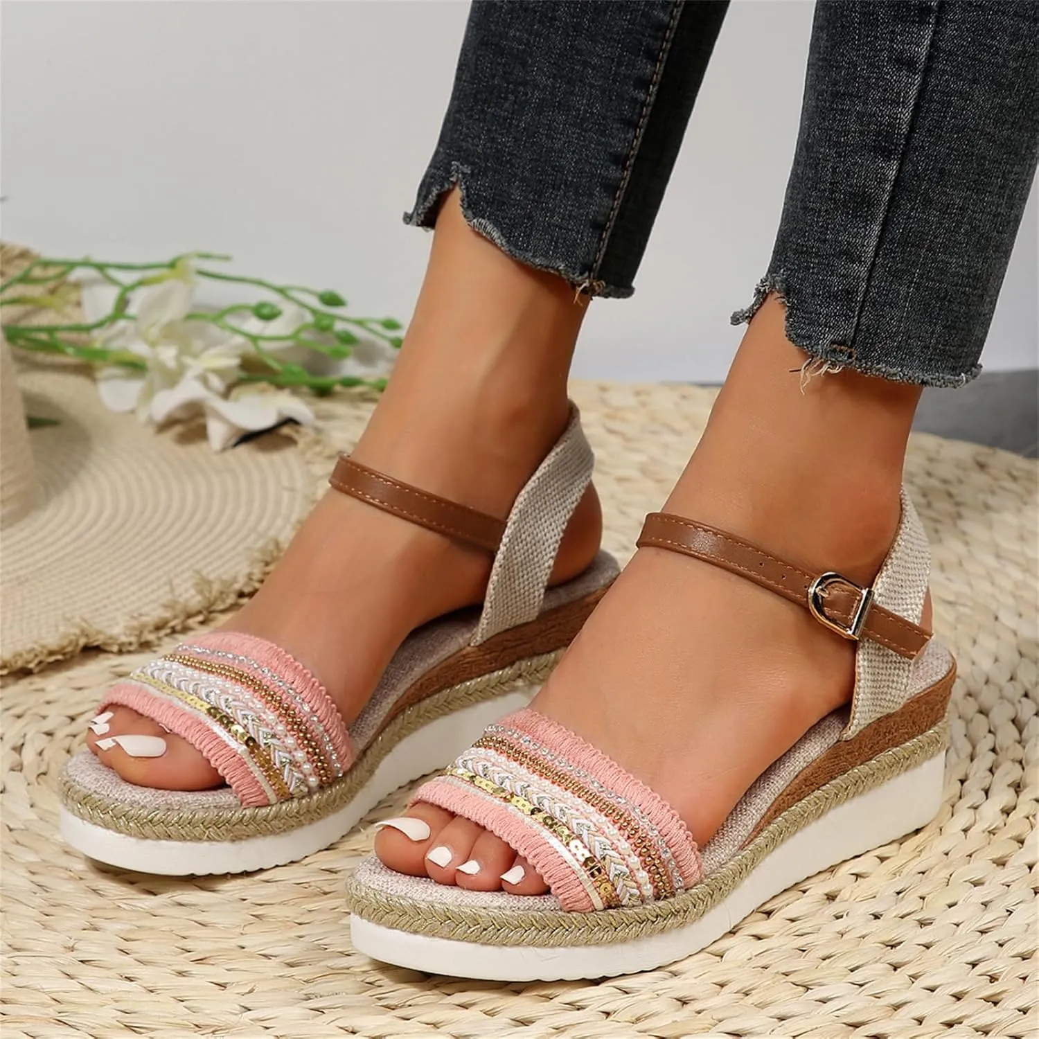 Espadrilles Wedge Sandals for Women Open Toe Dressy Platform Sandals Buckle Ankle Strap Stylish Wedges Comfortable and Soft Footbed