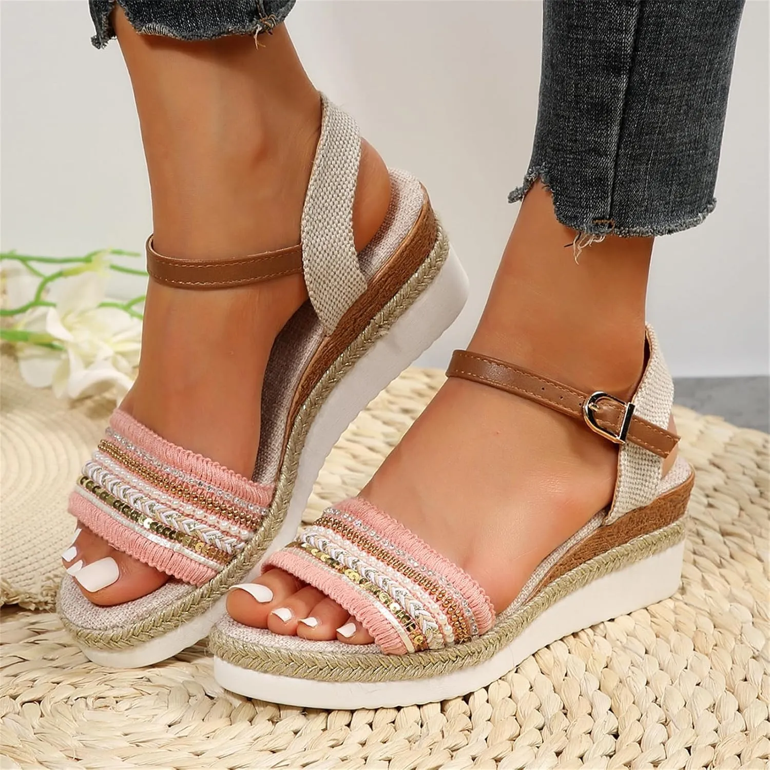 Espadrilles Wedge Sandals for Women Open Toe Dressy Platform Sandals Buckle Ankle Strap Stylish Wedges Comfortable and Soft Footbed