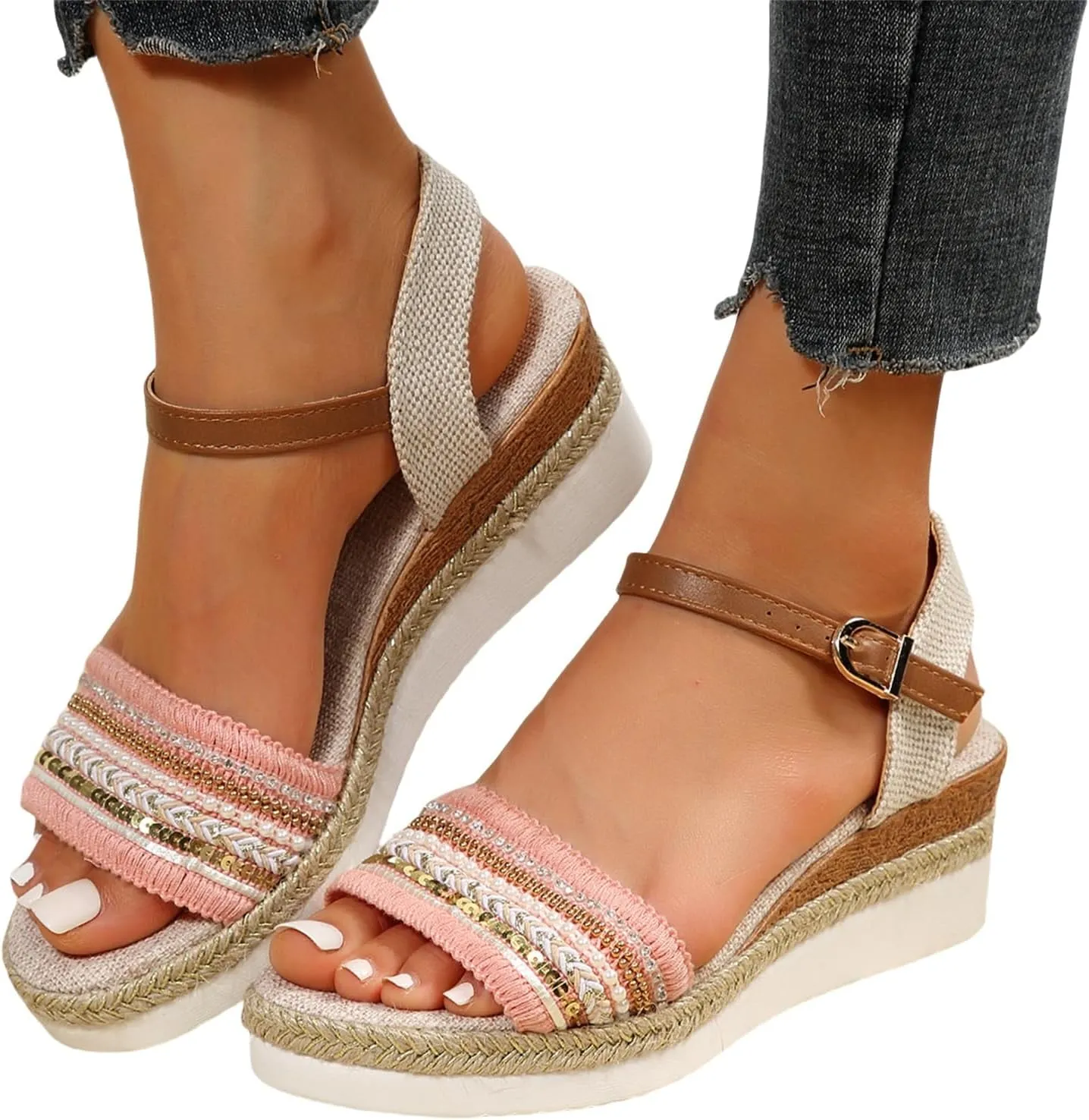 Espadrilles Wedge Sandals for Women Open Toe Dressy Platform Sandals Buckle Ankle Strap Stylish Wedges Comfortable and Soft Footbed