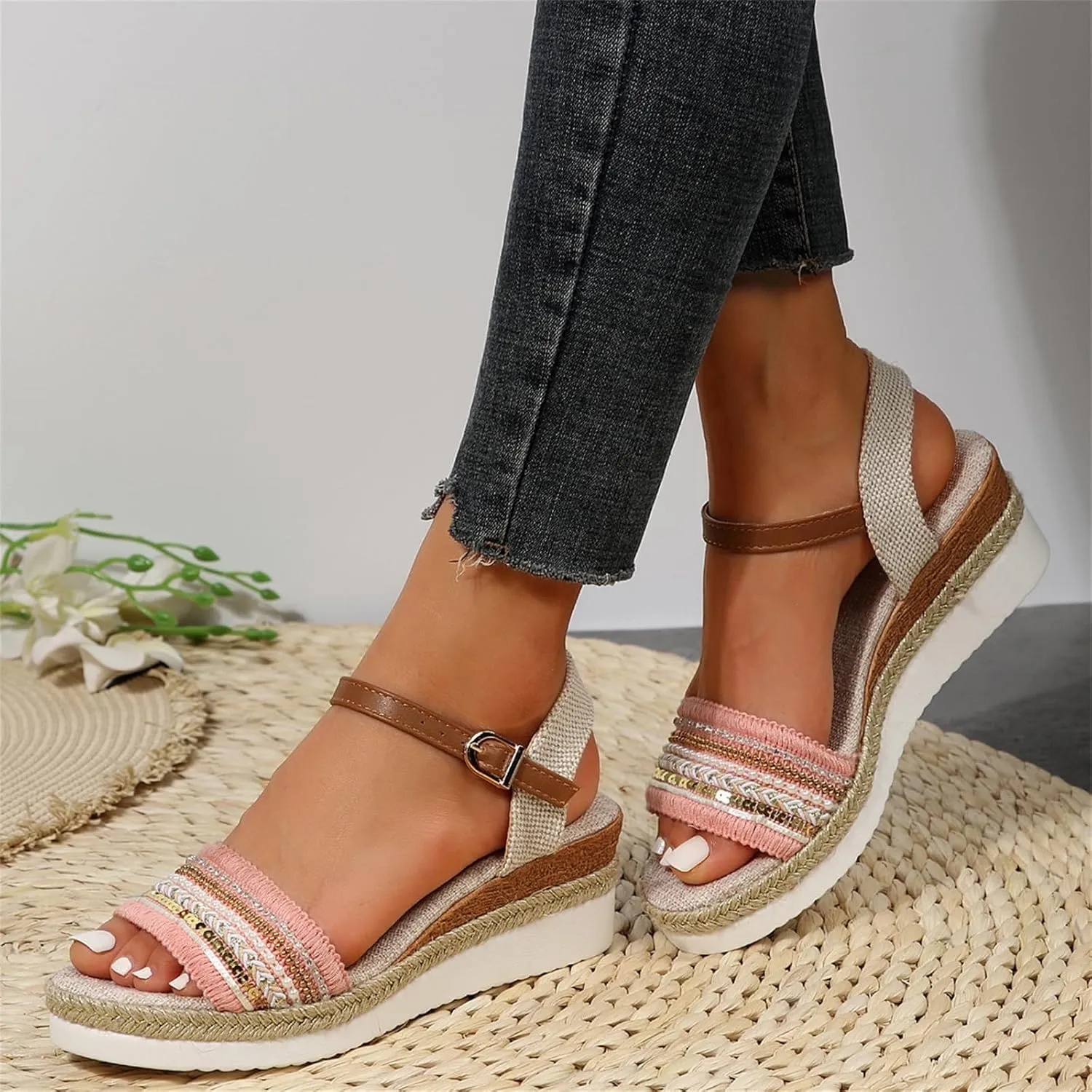 Espadrilles Wedge Sandals for Women Open Toe Dressy Platform Sandals Buckle Ankle Strap Stylish Wedges Comfortable and Soft Footbed