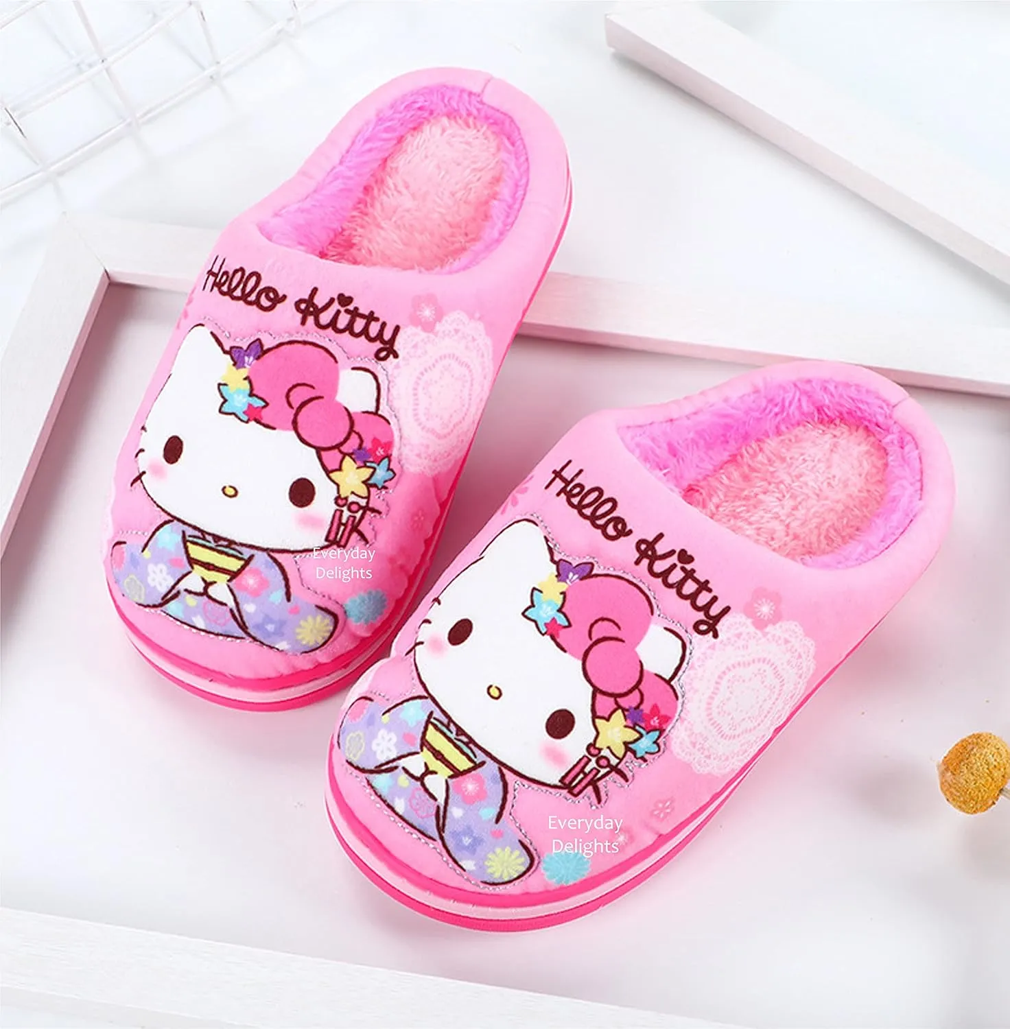 Everyday Delights Hello Kitty Kimono Plush Slippers for Girls Kids Children