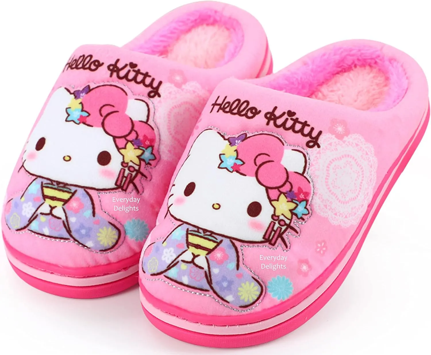 Everyday Delights Hello Kitty Kimono Plush Slippers for Girls Kids Children
