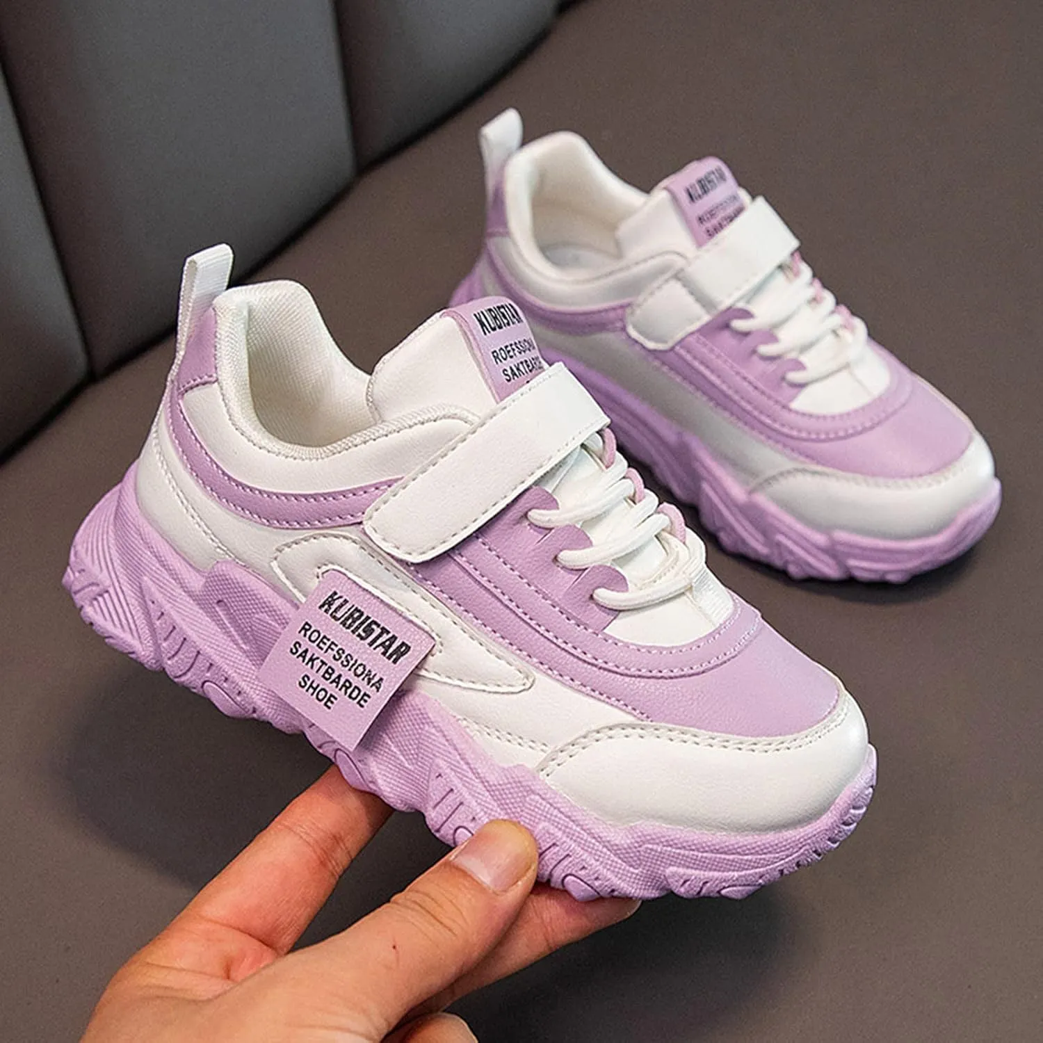 Fashion All Seasons Children Sports Shoes Girls Flat Sole Thick Sole Non Slip Light Lace Up Hook Loop Sneaker Size 5