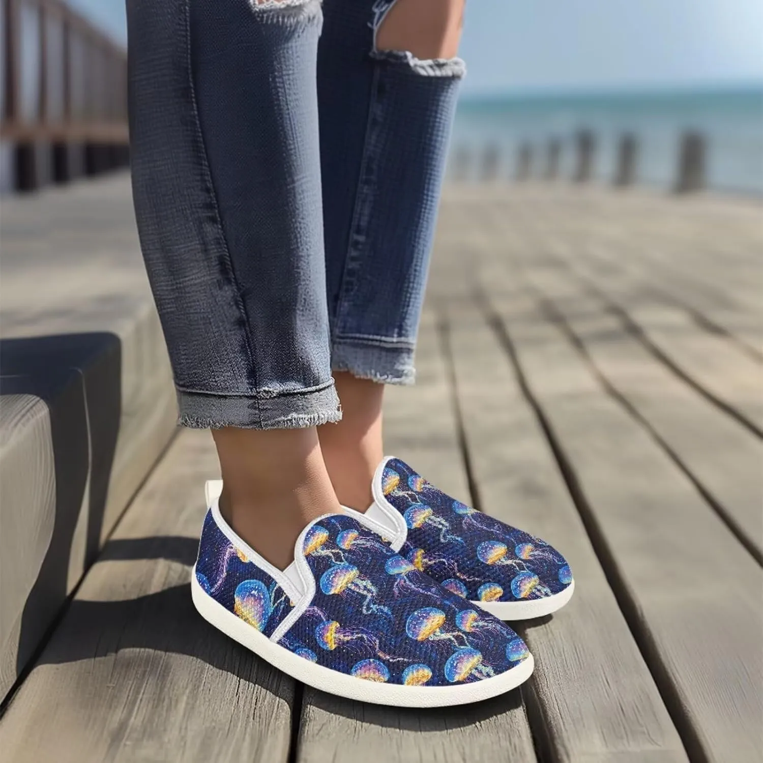 Fashion Sneakers for Women Shoes Lightweight Walking Casual Slip Ons Comfortable Art Painted Soft Athletic Travel Shoes for Ladies Sea Serise US Size 6-11