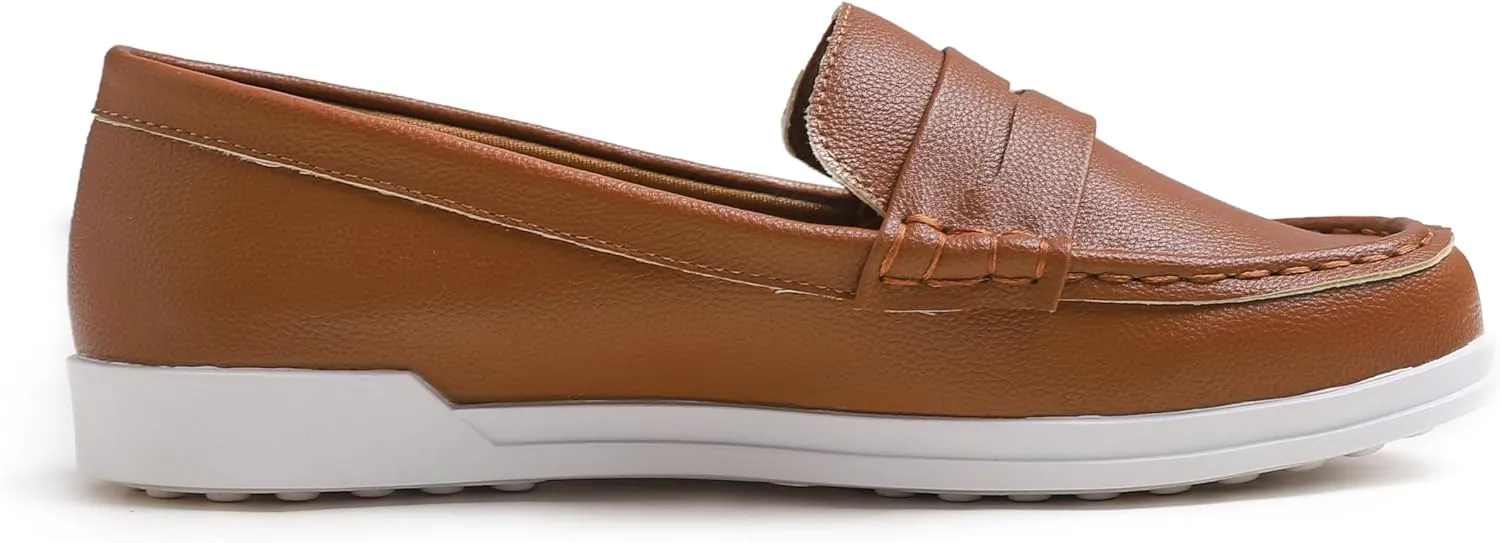 FEVERSOLE Comfort Women's Leather Daily Loafer Driving Flats Flexible Walking Boat Shoes