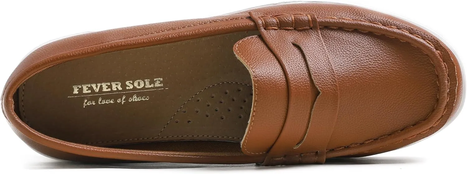 FEVERSOLE Comfort Women's Leather Daily Loafer Driving Flats Flexible Walking Boat Shoes