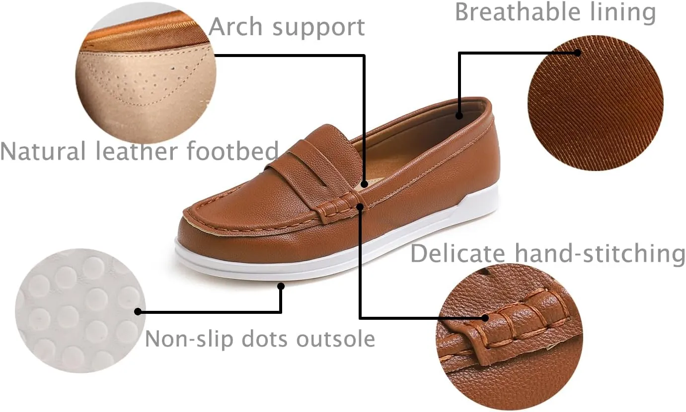 FEVERSOLE Comfort Women's Leather Daily Loafer Driving Flats Flexible Walking Boat Shoes