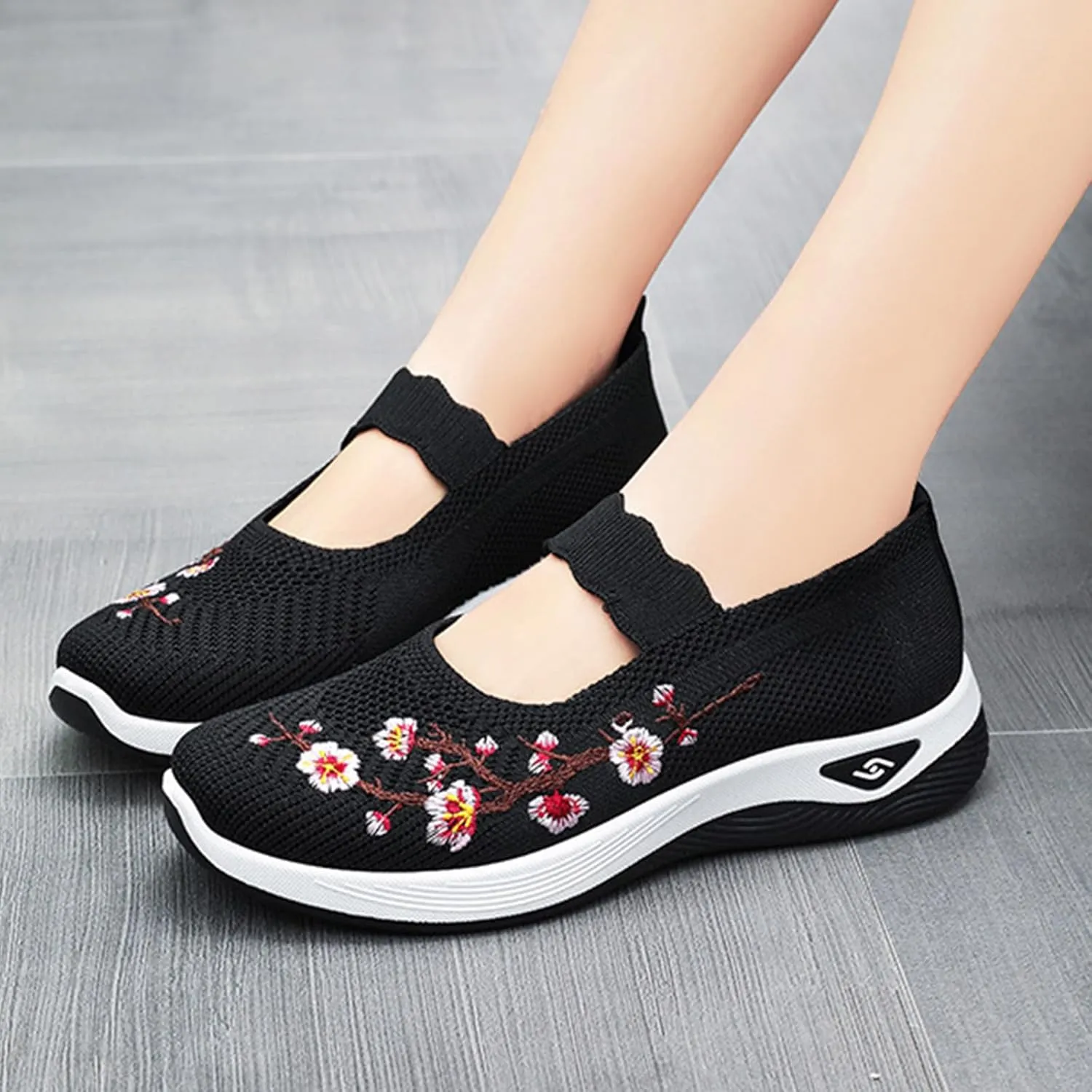 Flower Embroidered Slip On Knitting Flat Loafers for Women Comfortable Soft Sole Tennis Shoes Breathable Mesh Comfy Platform Non Slip Walking Sneakers