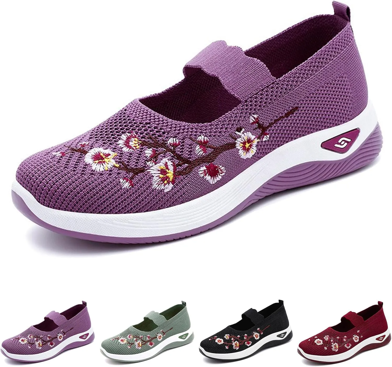 Flower Embroidered Slip On Knitting Flat Loafers for Women Comfortable Soft Sole Tennis Shoes Breathable Mesh Comfy Platform Non Slip Walking Sneakers