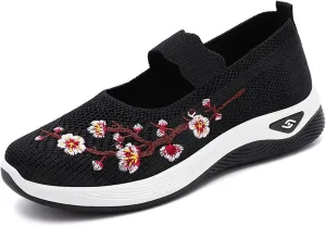 Flower Embroidered Slip On Knitting Flat Loafers for Women Comfortable Soft Sole Tennis Shoes Breathable Mesh Comfy Platform Non Slip Walking Sneakers