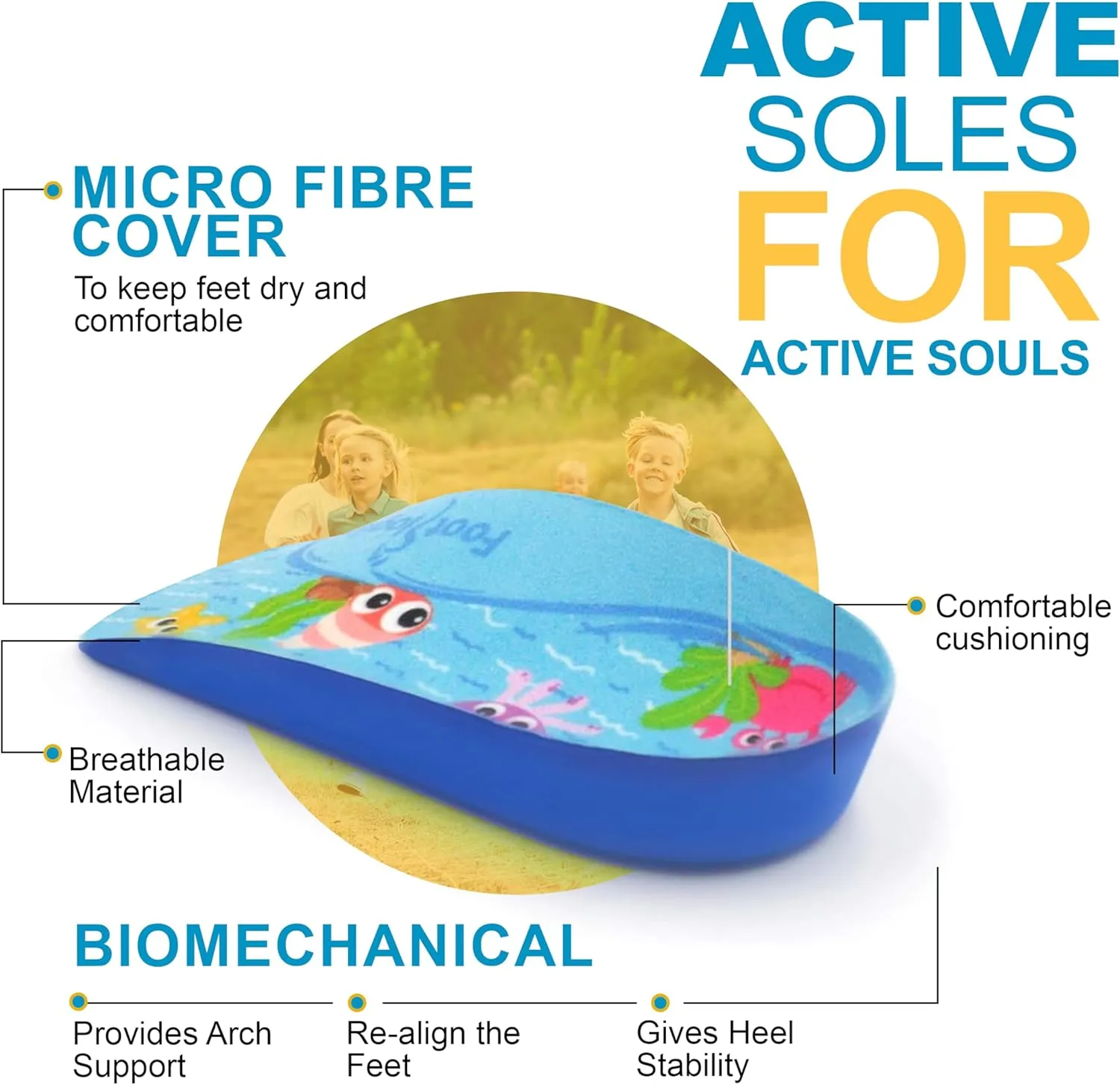 Fun Kids Orthotic Shoe Insoles with Arch Support for Childrens Heel Pain (Severs Disease), Growing Pains, Flat Feet - Childrens, Pair (Toddler 8-10, 3/4 Length - Blue)