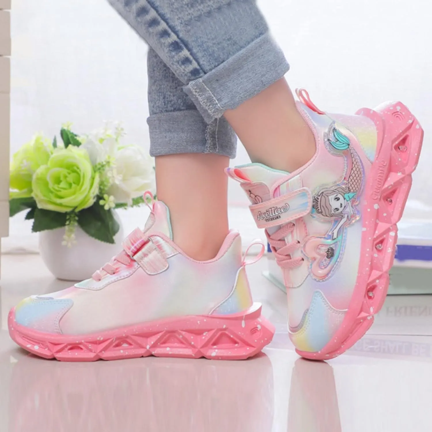 Girls Flat Sneakers Slip On Light-Up ermaid Shoes Breathable Mesh Boots Lightweight Running Shoes