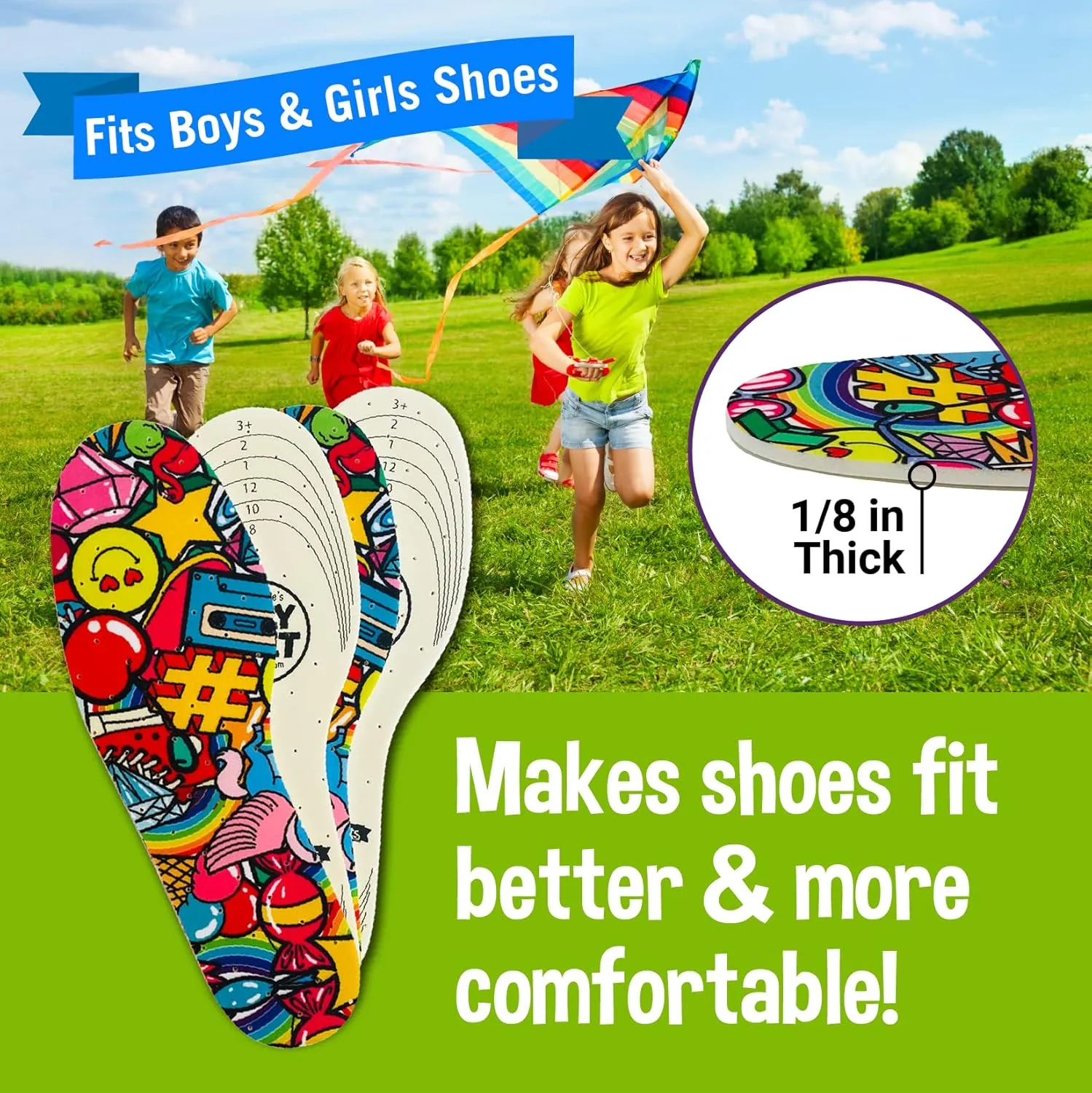 Kids Shoe Insoles Candy Apple Scented Soft Foam Replacement Inserts for Toddler and Child Shoes 2 Pairs Cut-to-Fit Comfortable Insoles for Kids' Sneakers and Everyday Footwear
