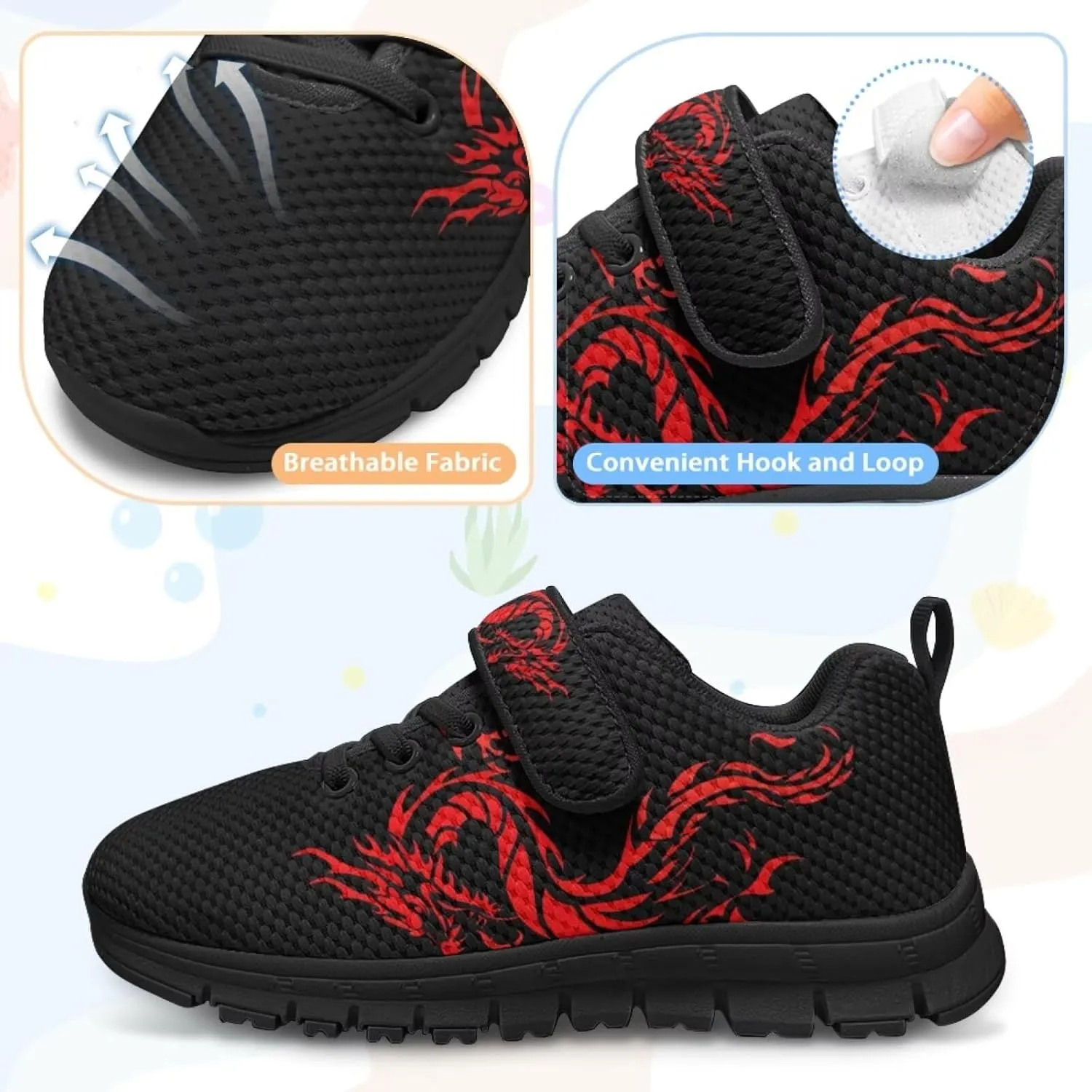 Kids Sneakers Boys Cool Print Running Tennis Shoes Lightweight Breathable Sport Athletic Shoes with One Strap