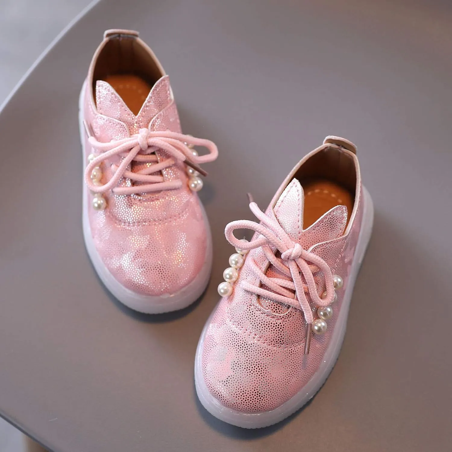 Kids Toddler Girls Shoes Light Up Flashing LED Tennis Sneakers with Pearl Outdoor Casual Adjustable Baby Shoes for Girls