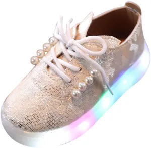 Kids Toddler Girls Shoes Light Up Flashing LED Tennis Sneakers with Pearl Outdoor Casual Adjustable Baby Shoes for Girls