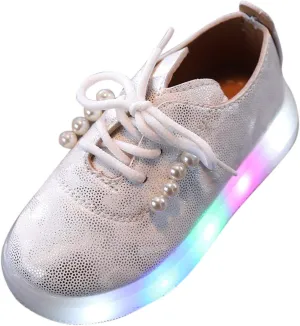 Kids Toddler Girls Shoes Light Up Flashing LED Tennis Sneakers with Pearl Outdoor Casual Adjustable Baby Shoes for Girls